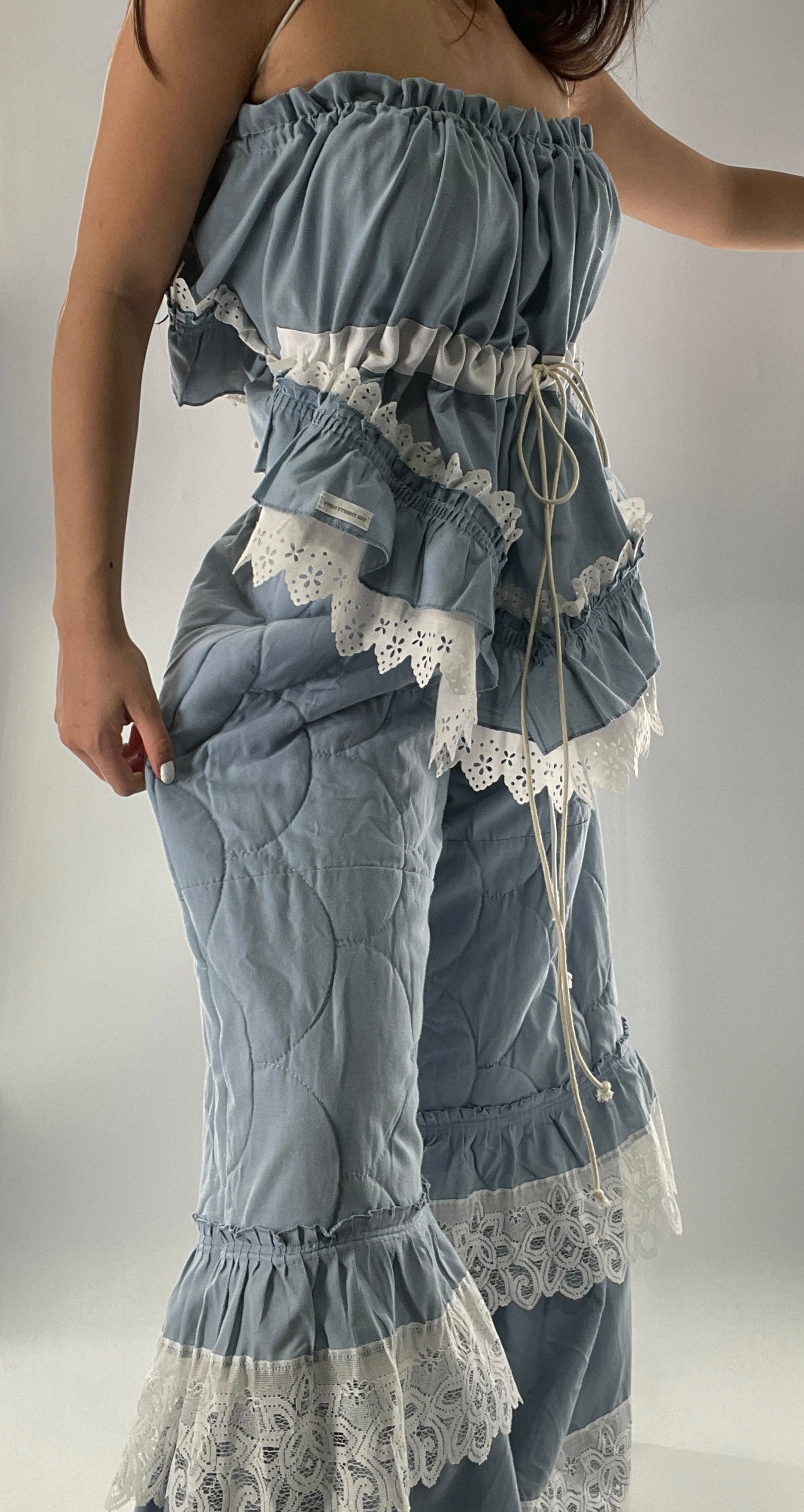 Vintage 2 Piece Powder Blue Set Featuring 2Way Blouse and Quilted Trousers Covered in Ruffles, Lace and Trim (One Size)