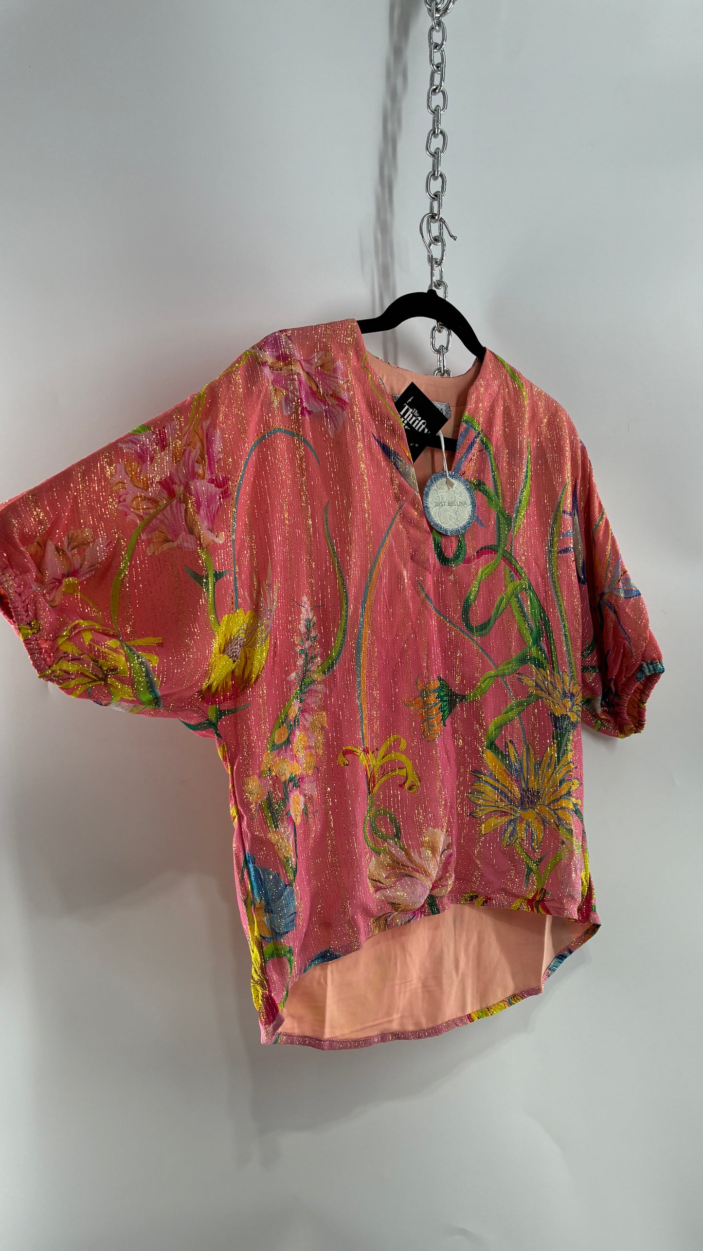 JUST BELLINA Pink Tropical Patterned Puff Sleeve Blouse with Gold Threading and Tags Attached (Small)