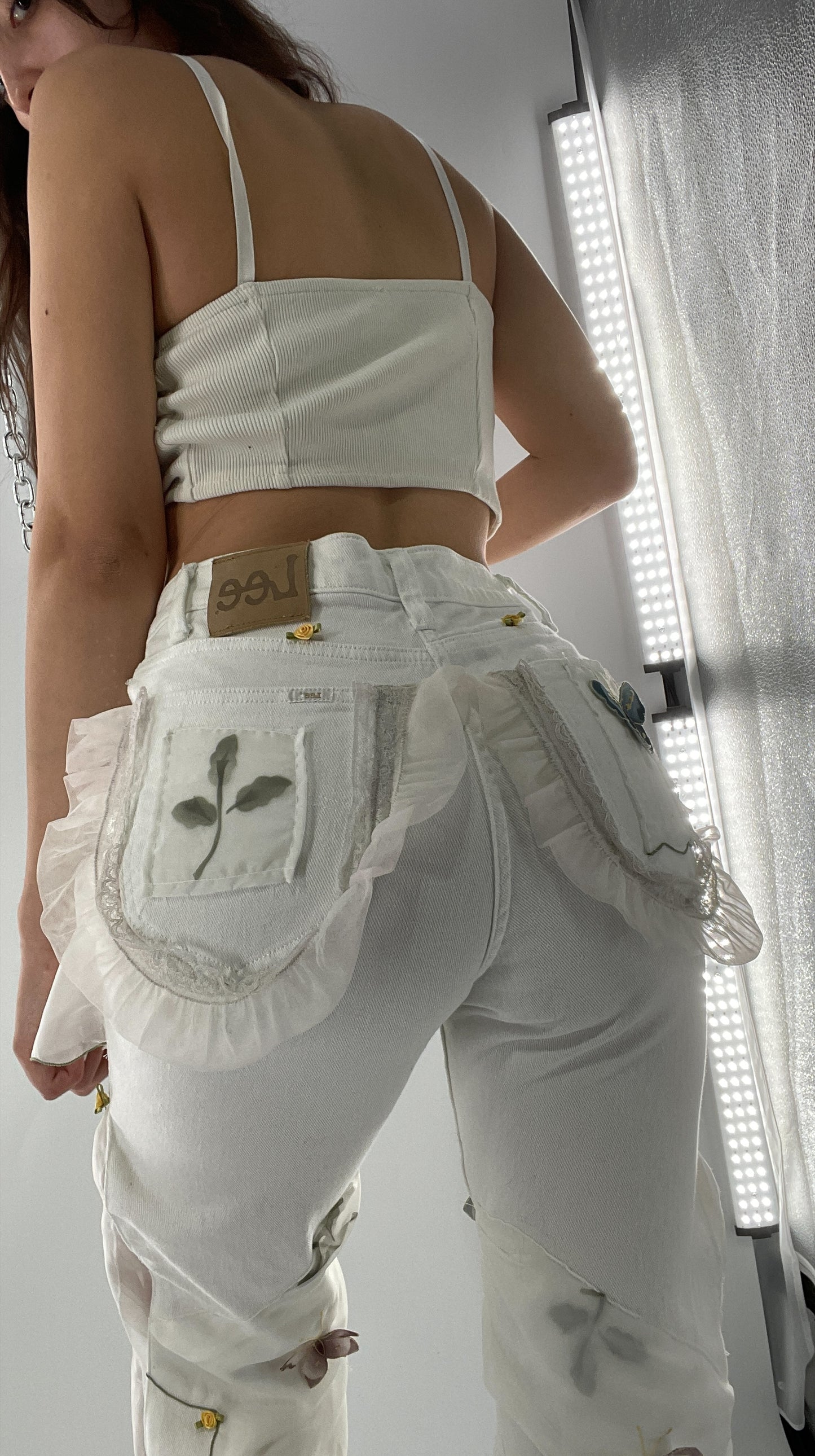 Remade Upcycled Lee White Jeans with Drawstring Adjustable Length, Lace Trim Pockets, Embroidery and Appliqué Details (27)