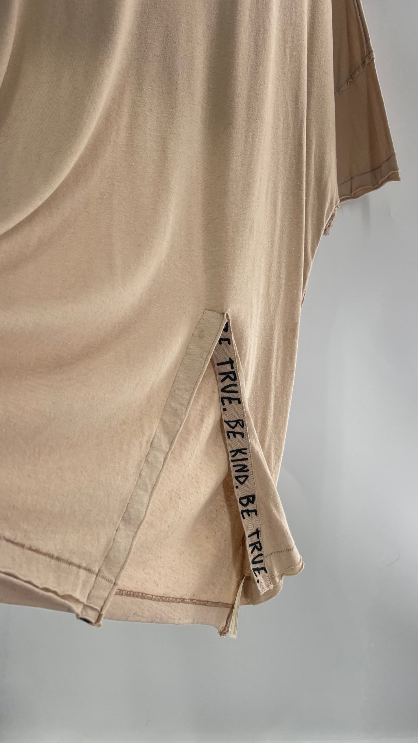 Free People Movement Oversized Light Beige Short Sleeve T-Shirt with Slit Embroidered Detail (Size XS)