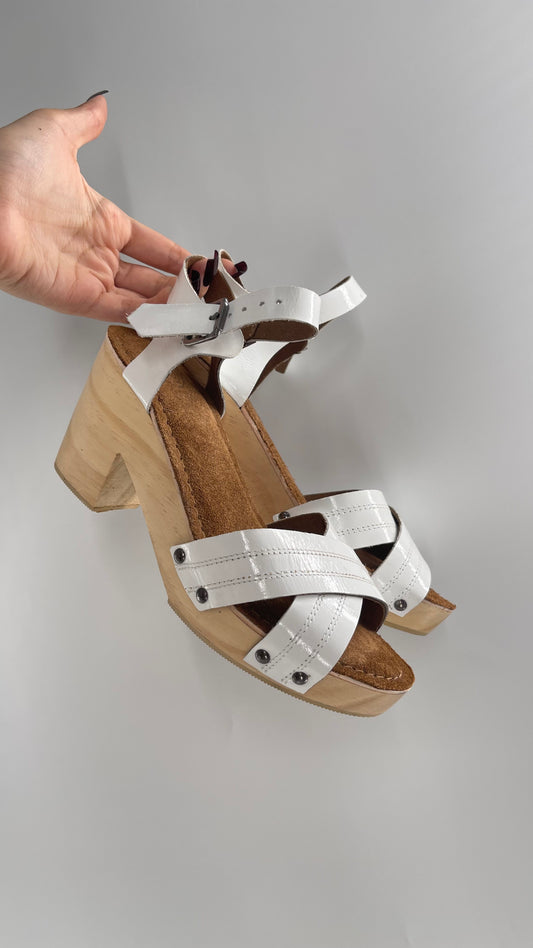 Urban Outfitters White Patent Clogs with Wooden Heel (6)