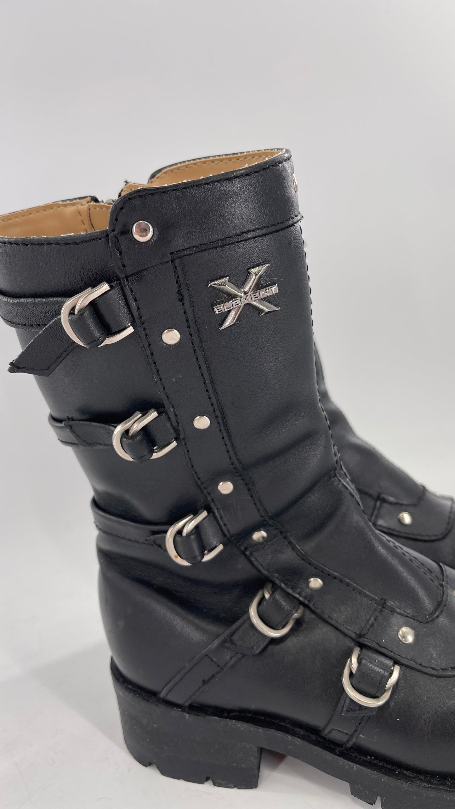 Vintage 1990s XELEMENT Buckle Side Genuine Leather Steam Punk Boots (Women’s 8.5)