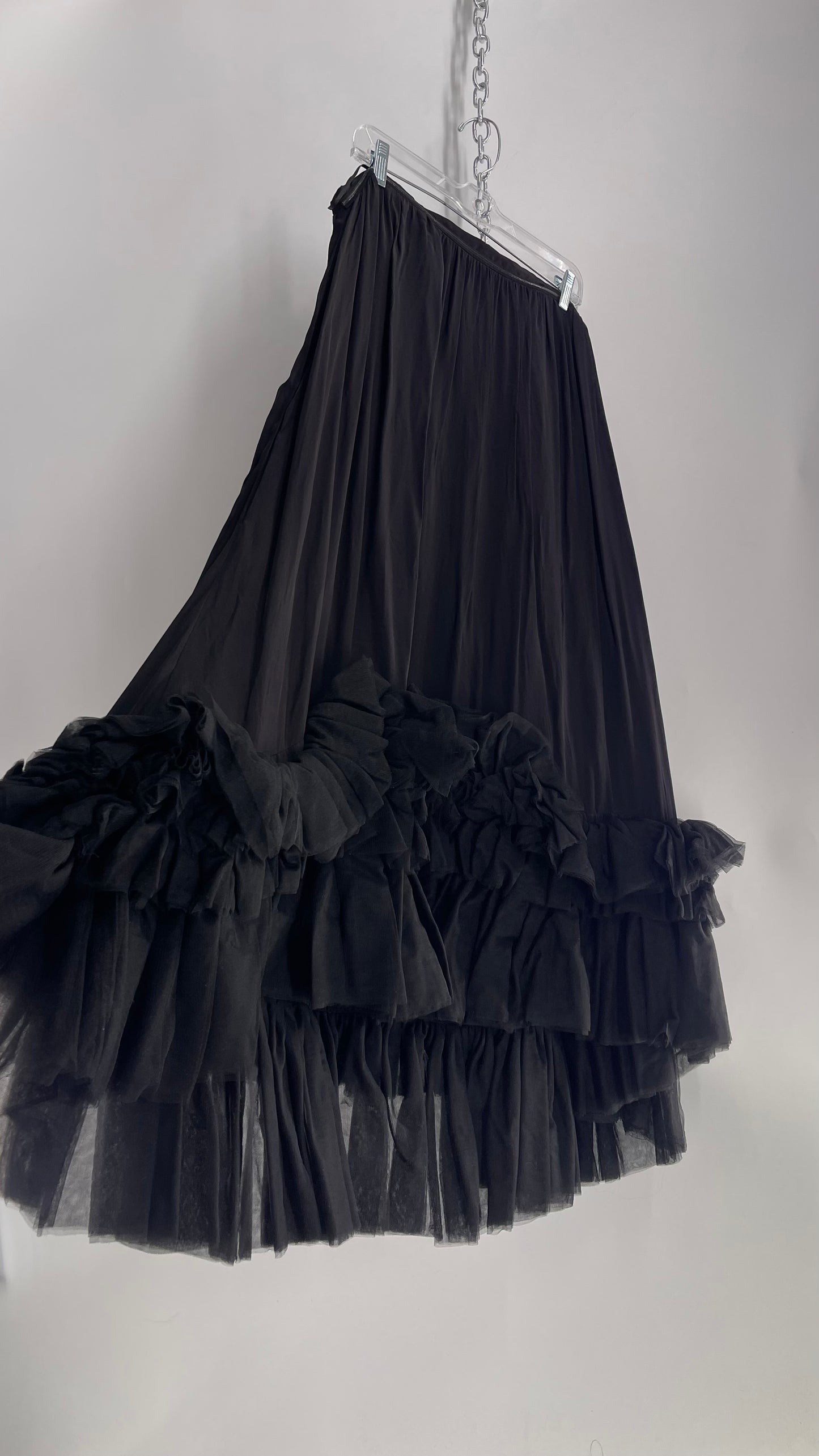Anthropologie Black Voluminous Full Gown with Pleated Tulle Hemline Detail (M/L)