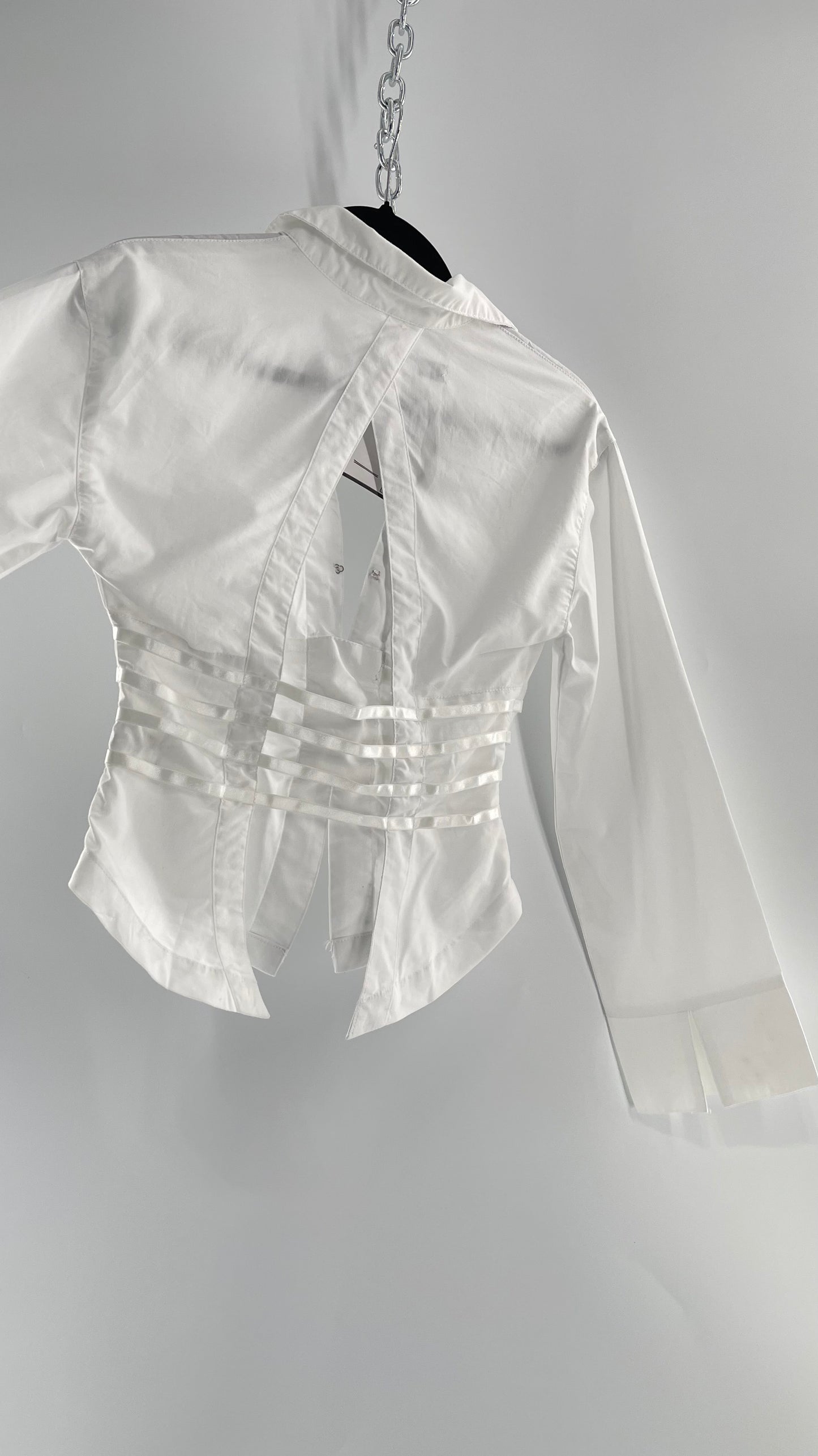 Urban Outfitters Bell Sleeve White Collared Blouse with Strappy Waistline and Open Back (Small)