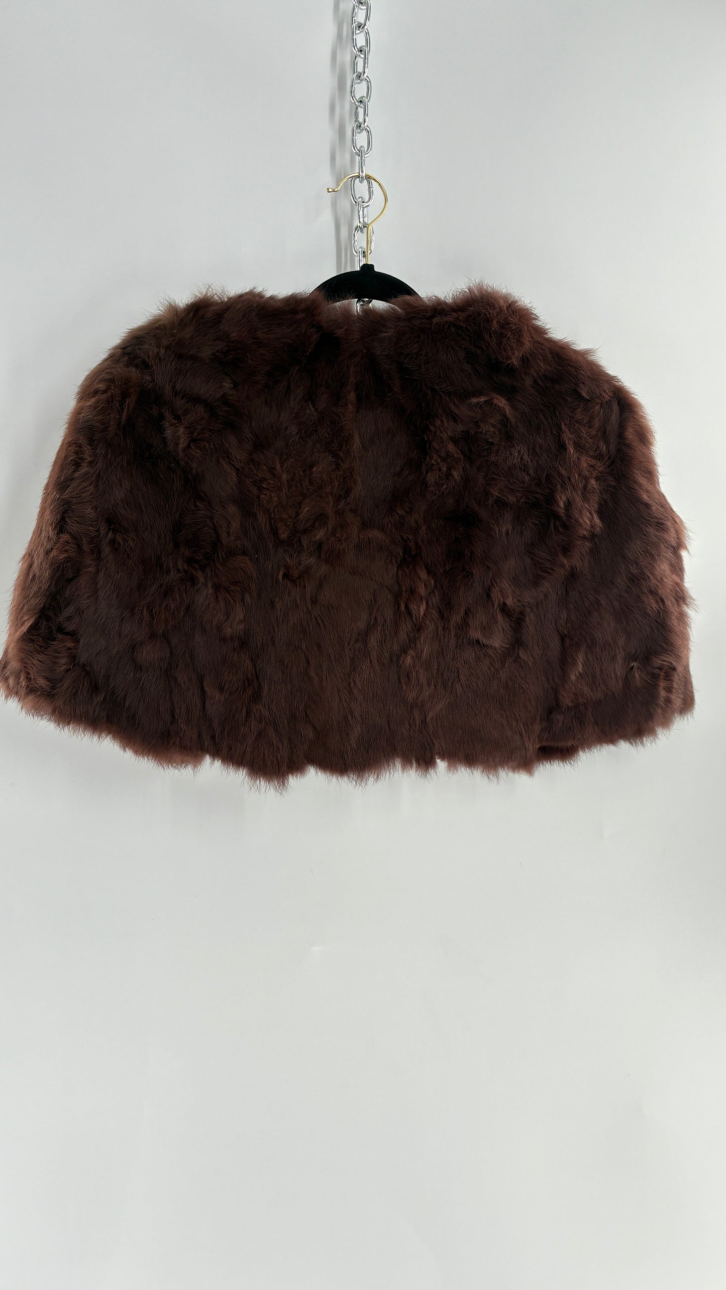 Vintage CAROLINE 100% Rabbit Fur Brown Shrug Cape with Oversized Round Buckle (One Size)