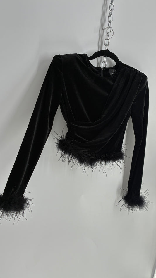 Vintage VICI Black Draped Long Sleeve with Ostrich Feather Hems and Cuff (XS)