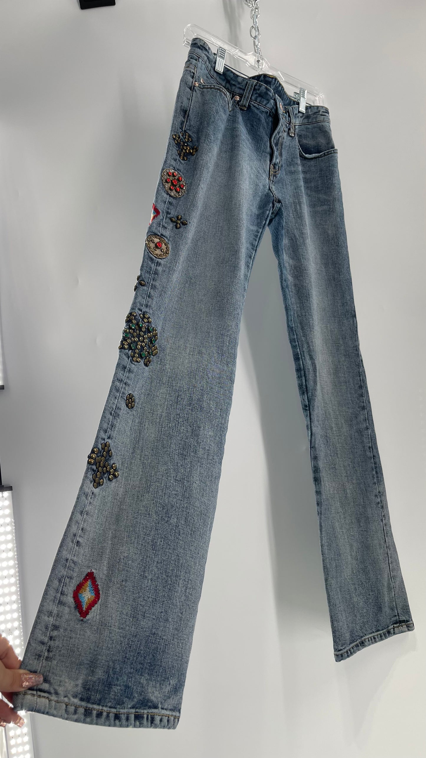 Western Denim Bank Light Wash Straight Legs with Gold/Bronze Metal Studs and Jewels (29)