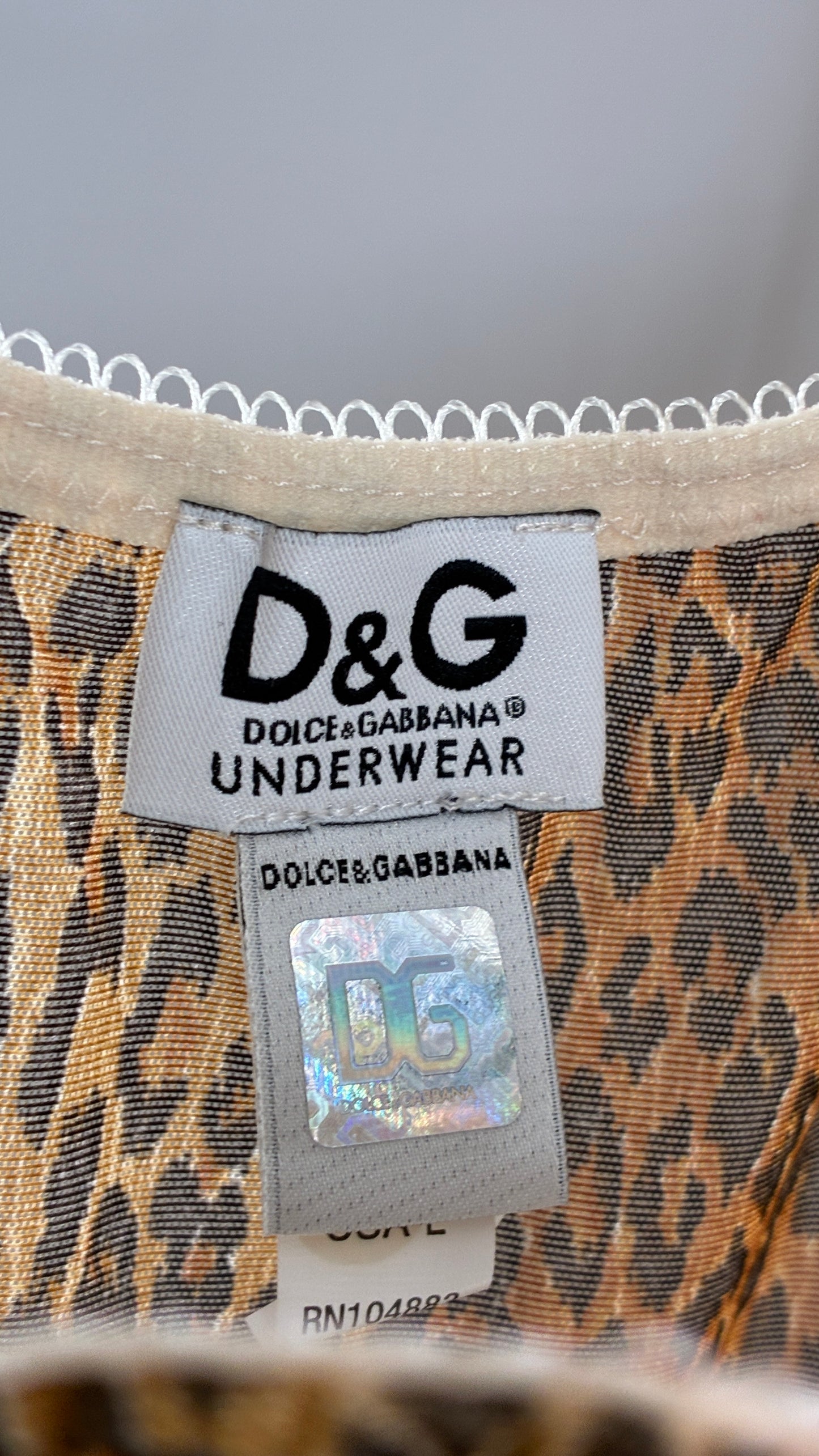 Vintage 1990s Dolce & Gabanna Cheetah Mesh Babydoll Camisole with Underwire Ruched Bust, Rosette and Branded Appliqué Tag (Large)