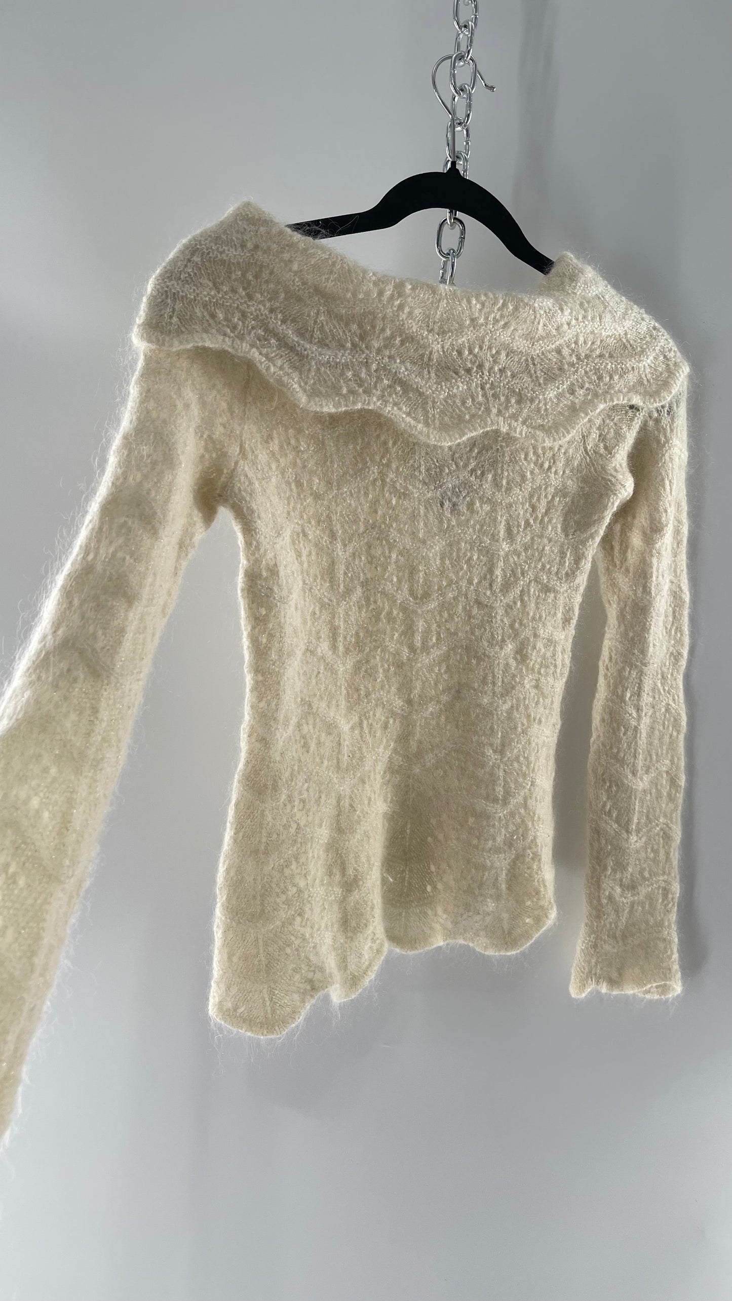 Vintage Ivory Off White Lace Knit Off the Shoulder Sweater Top (Medium)