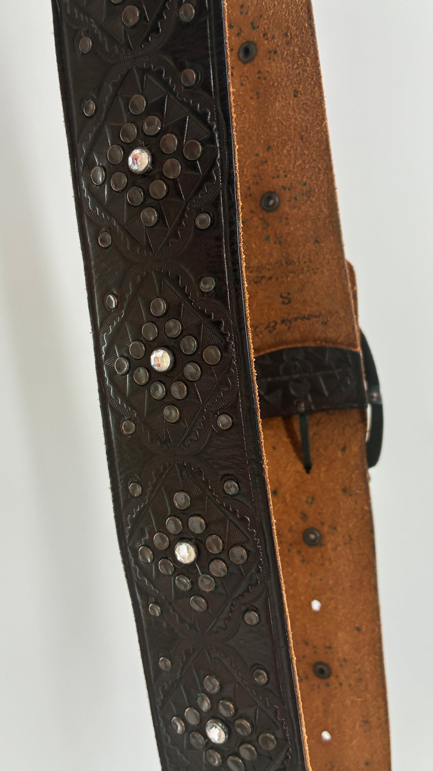 Vintage Abercrombie & Fitch Brown Leather Embossed Belt with Rhinestone Details (Small)