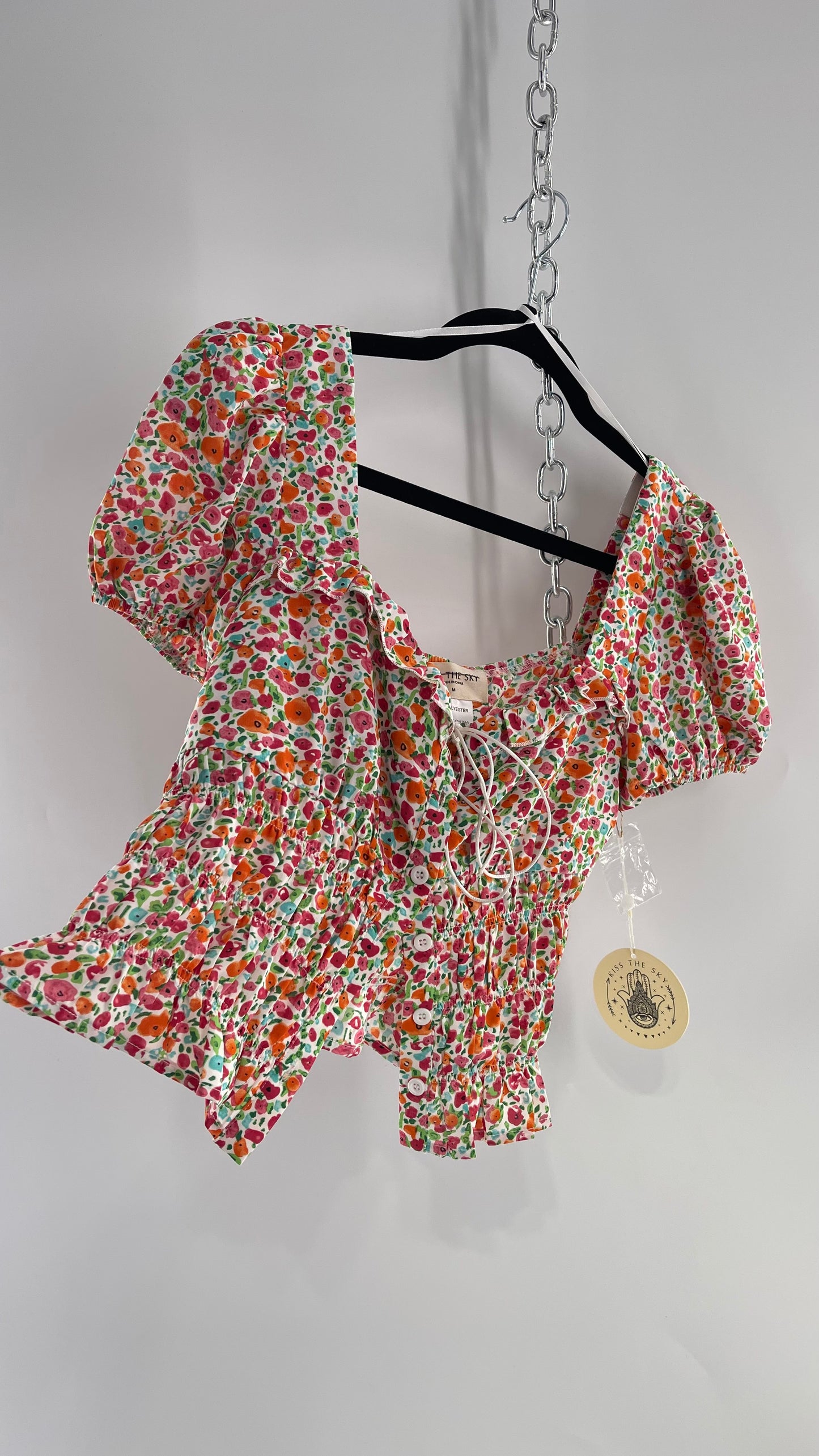 Free People Kiss The Sky Ribbon Bust Floral Prairie Top (Medium)
