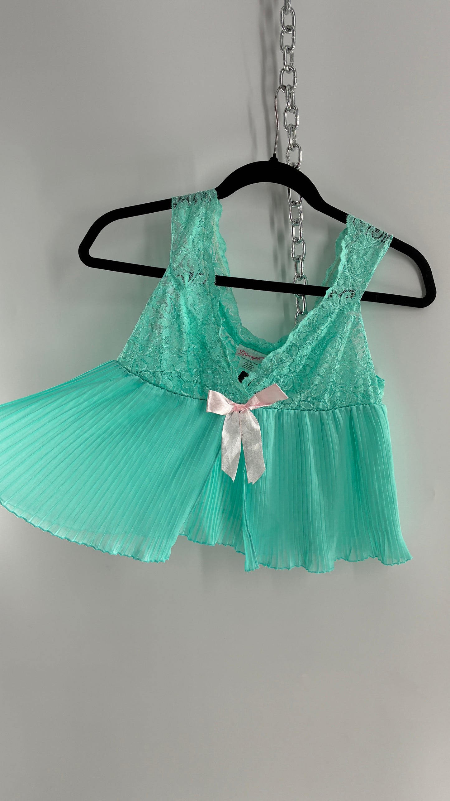 DREAMGIRL Vintage 1990s Teal Wide Neck Babydoll Camisole with Baby Pink Bow (Medium)