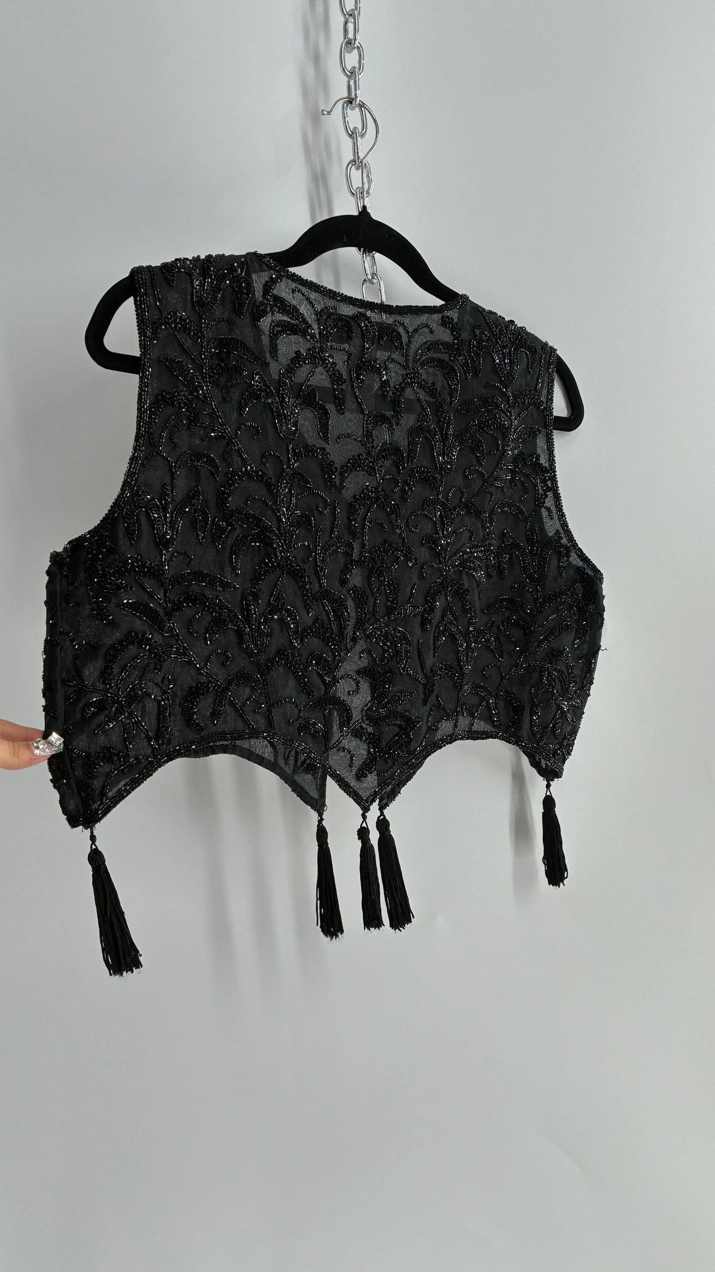Vintage 1990s NITELINE 100% Silk Beaded Cropped Vest with Tassel Details (Medium)