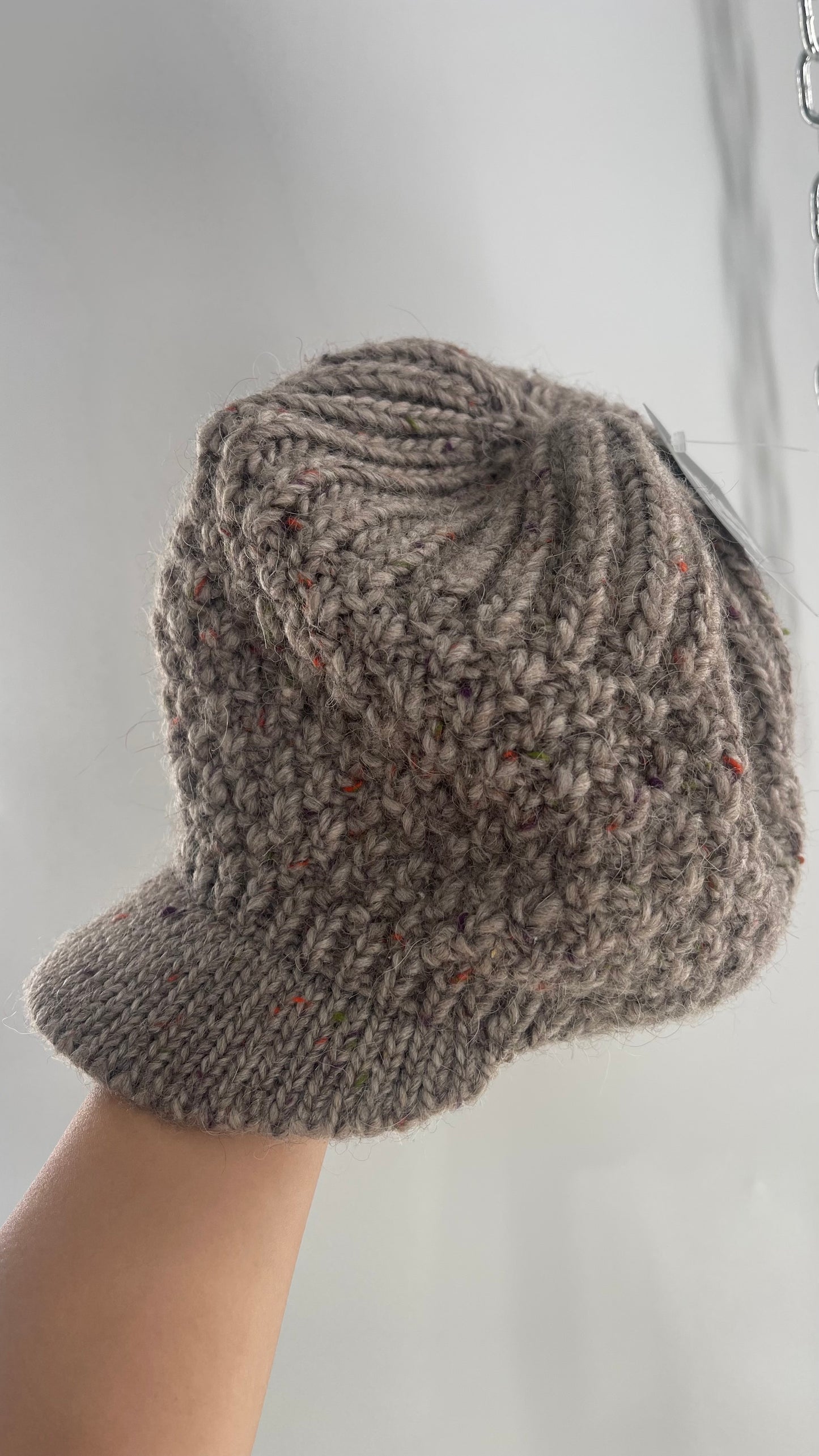 Vintage Tan Knit Slouchy Newsboy Cap Beanie with Brim