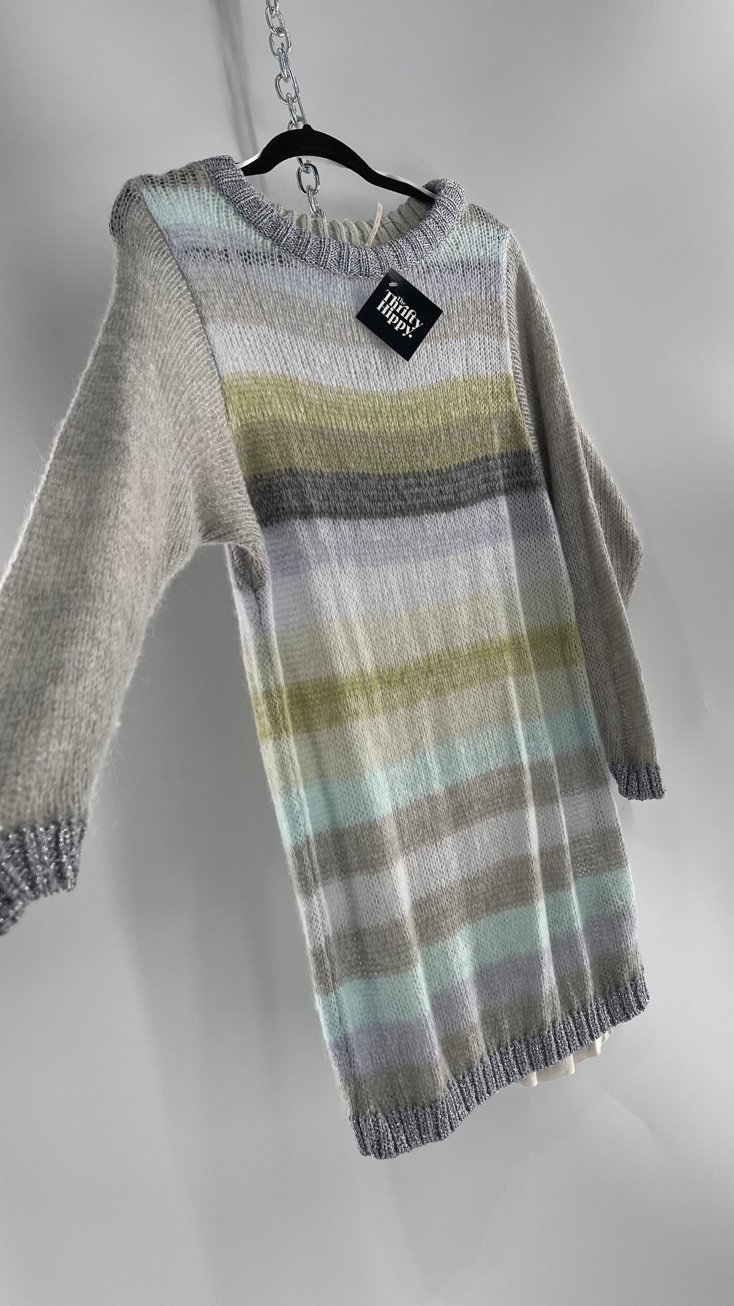 Free People Striped Sweater with Glitter Knit Cuffs and Collar (XS)