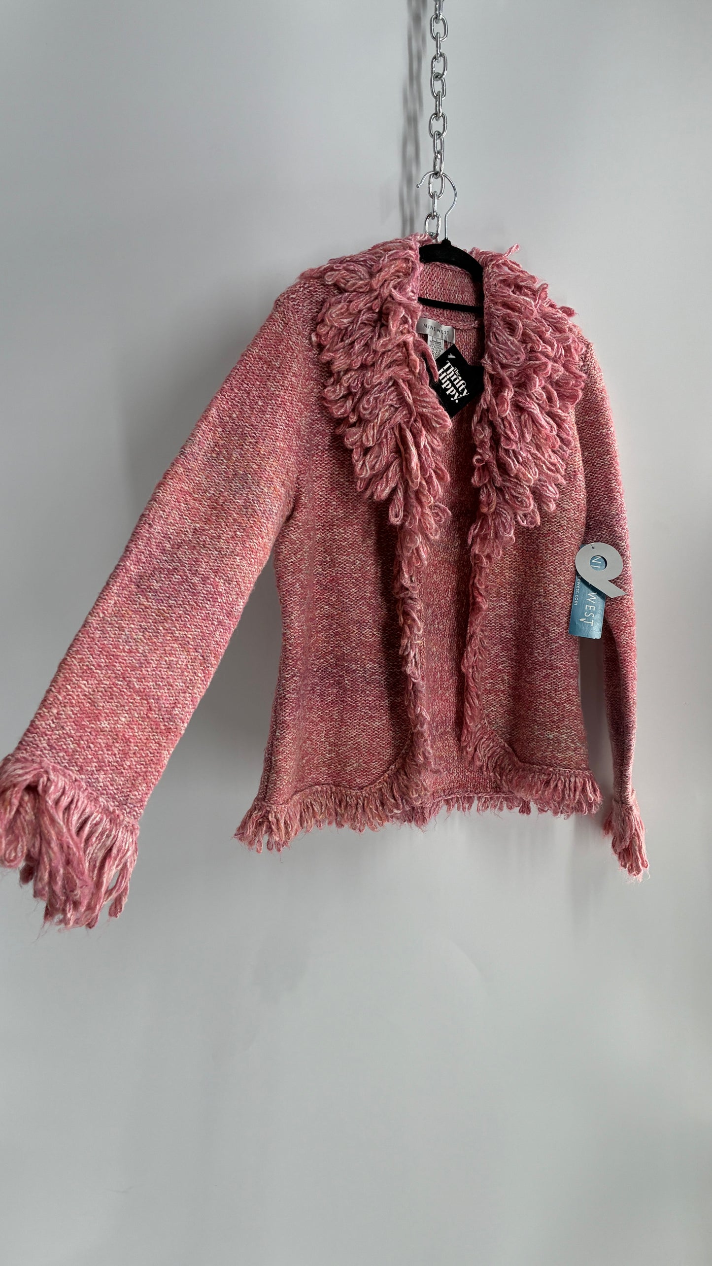 Nine West Pink Knit Cardigan Jacket with Exaggerated Fringe Collar and Cuffs (Large)