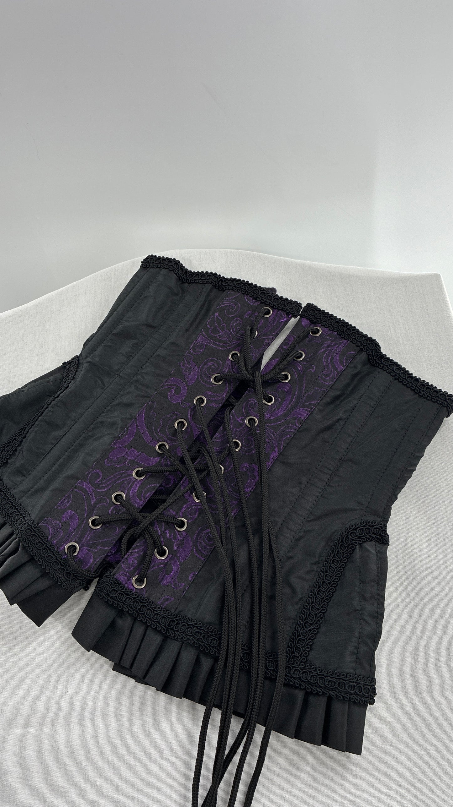 Vintage Black and Purple Brocade Corset with Pleated, Ruffled Hem (Sz 22)