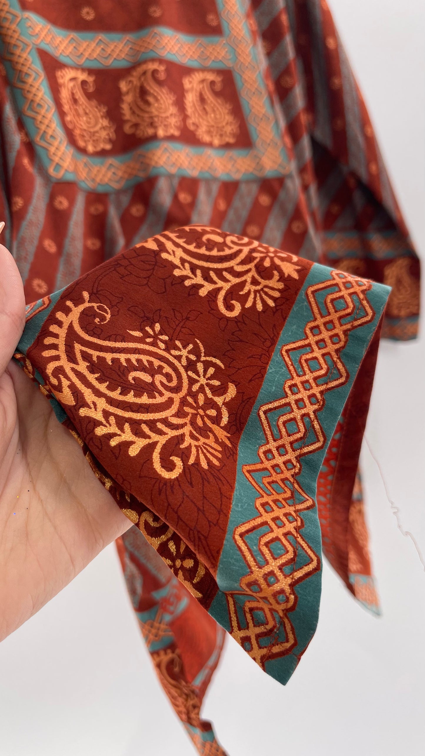 Vintage 1970s Indian 100% Silk Tunic Burnt Orange, Teal and Gold (40)