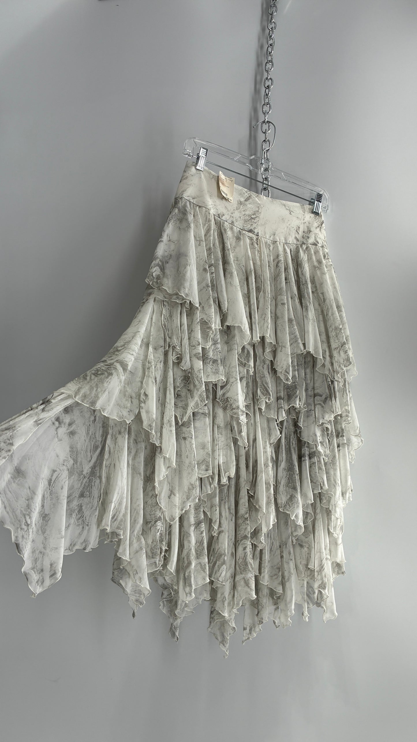 Free People Layered, Tiered Voluminous White and Grey Watercolor Full Skirt with Tags Attached (4)