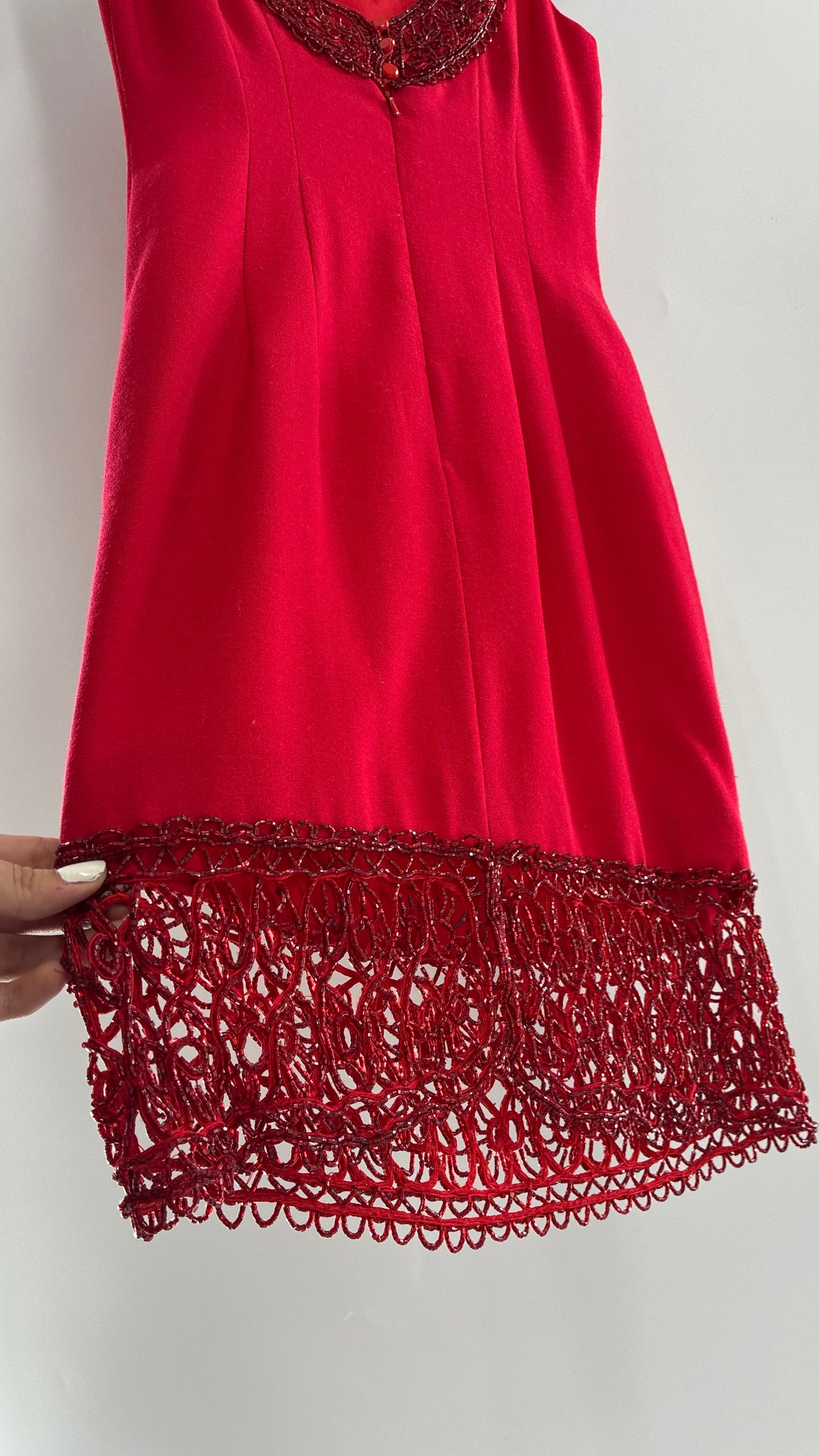 Vintage CARMEN MARC VALVO Red 100% Fitted, Tailored Wool Dress with Beaded Hem and Neckline (6)