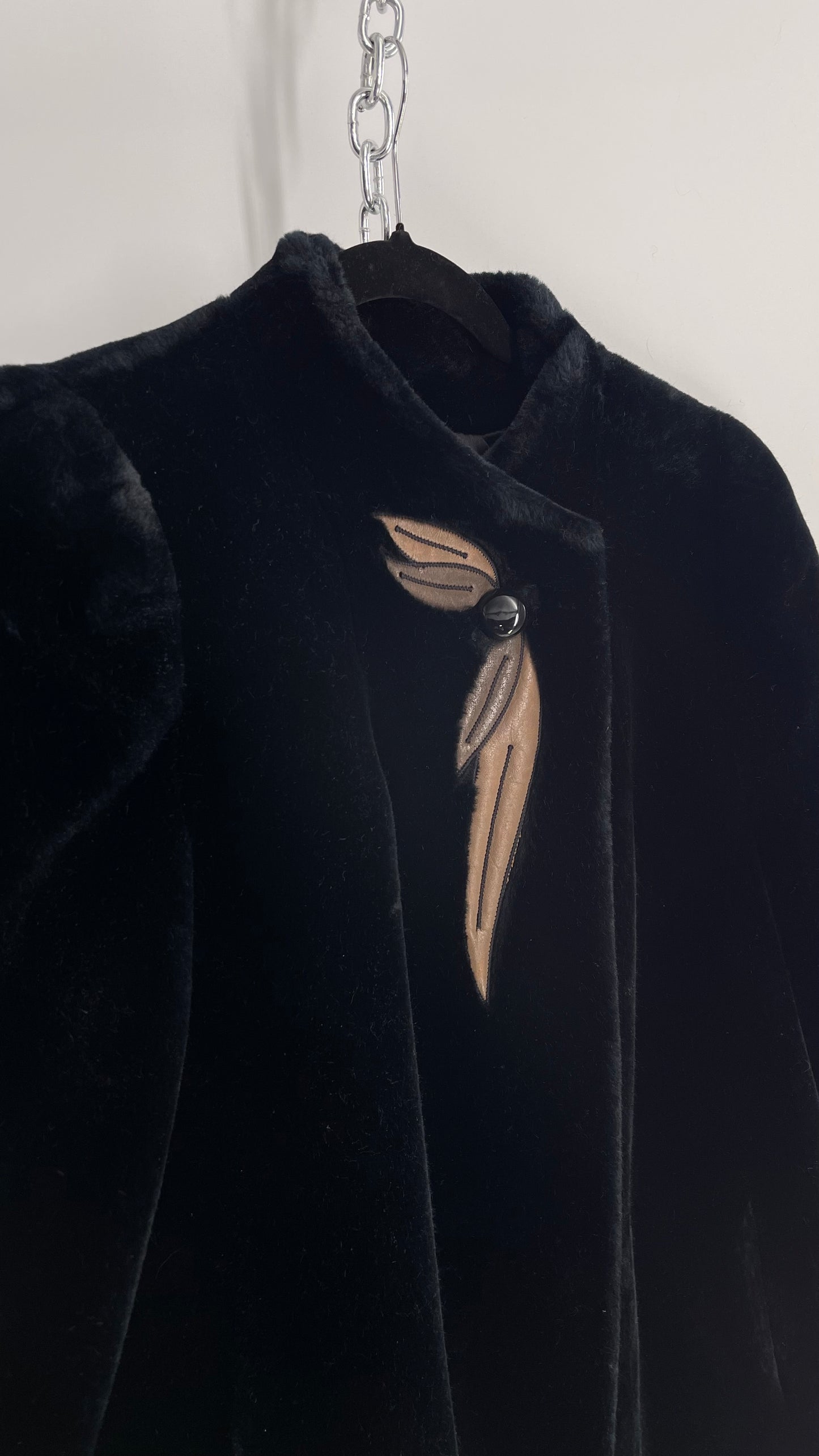 Vintage SASSON Black Faux Fur Coat with Embroidered Leather Patch Detail (Small)