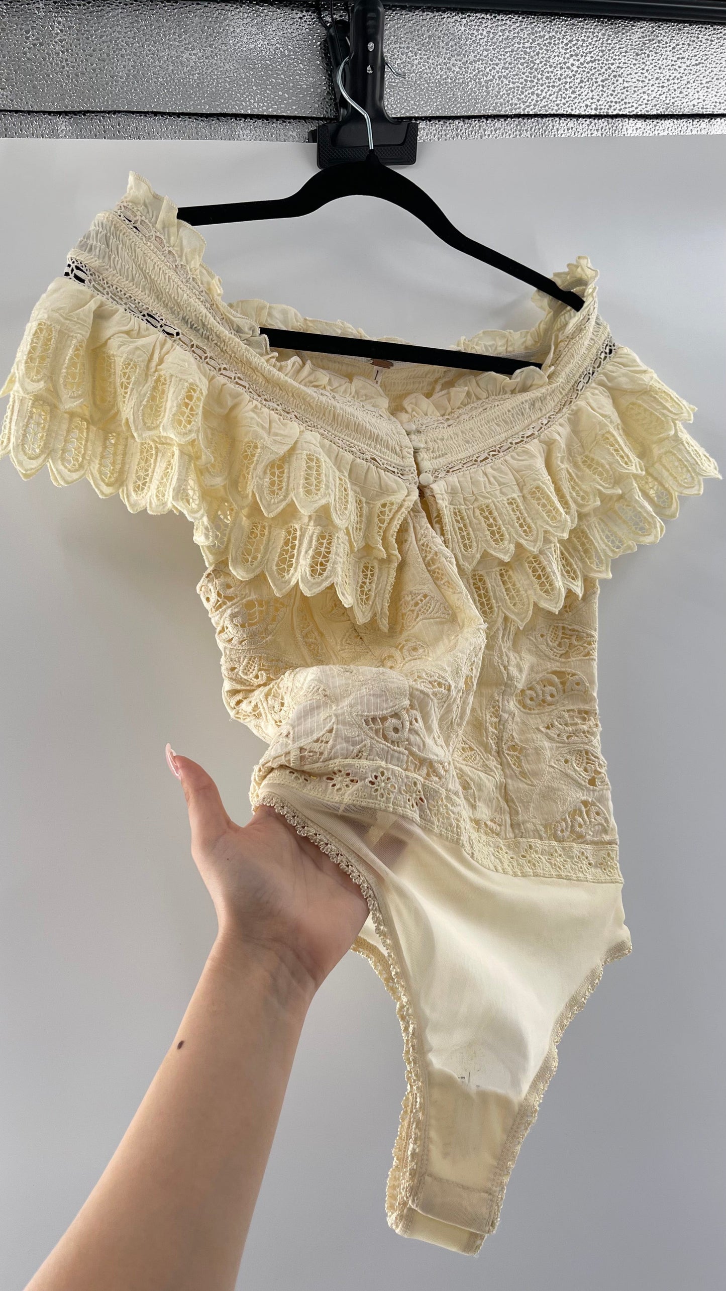 Intimately Free People Light Yellow Lace Bodysuit with Ruffled Off the Shoulder Neckline
(XS)