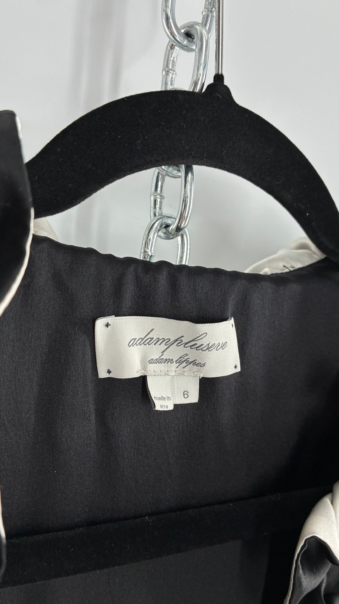 Vintage ADAM PLUS EVE Adam Lippes 58% Wool Black Paneled, Tailored Dress with White Ruffles (6)