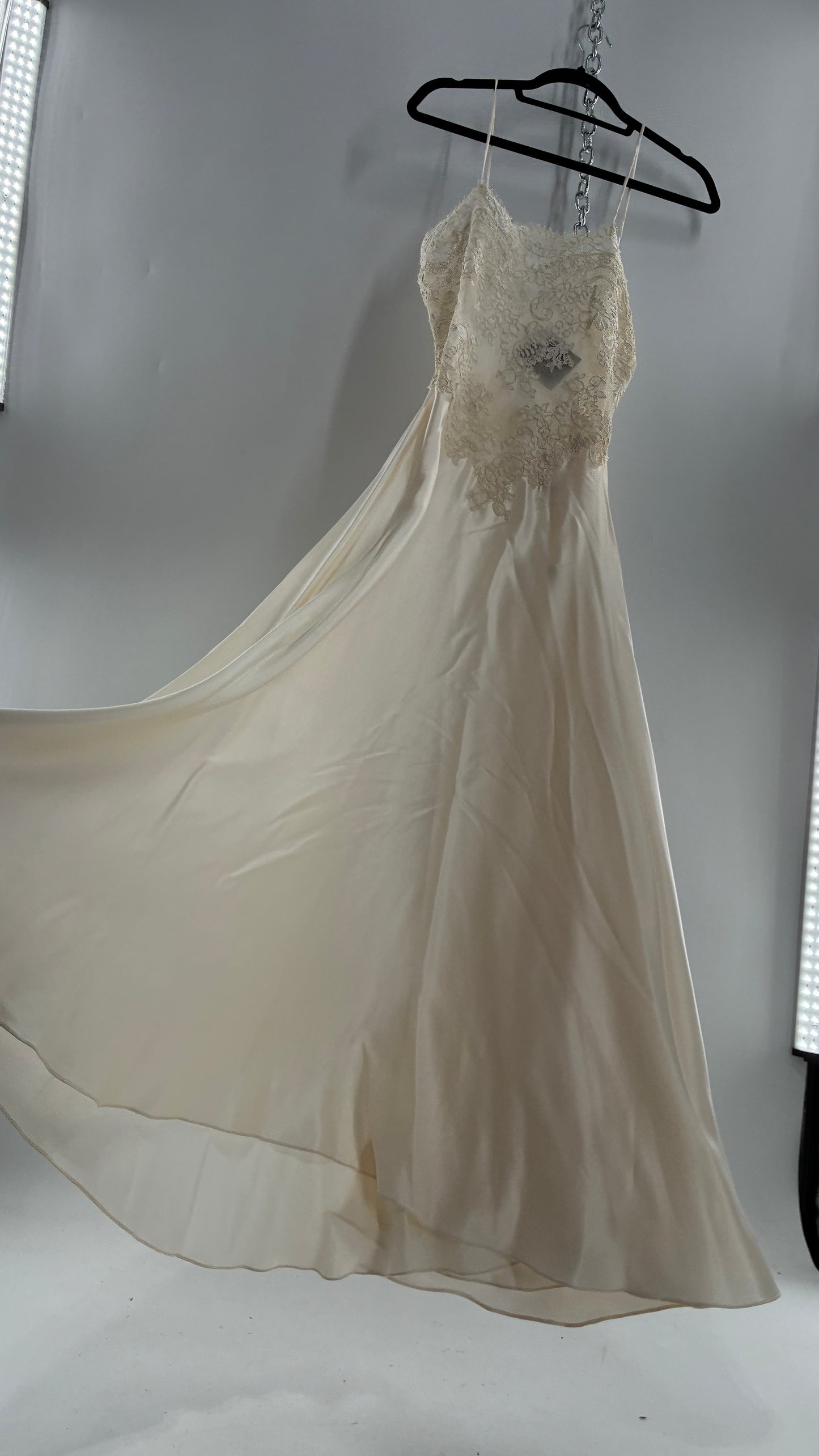 Vintage JONQUIL 100% Silk Gown with Heavy Lace Appliqués and Low Cut Sheer Back (Medium)