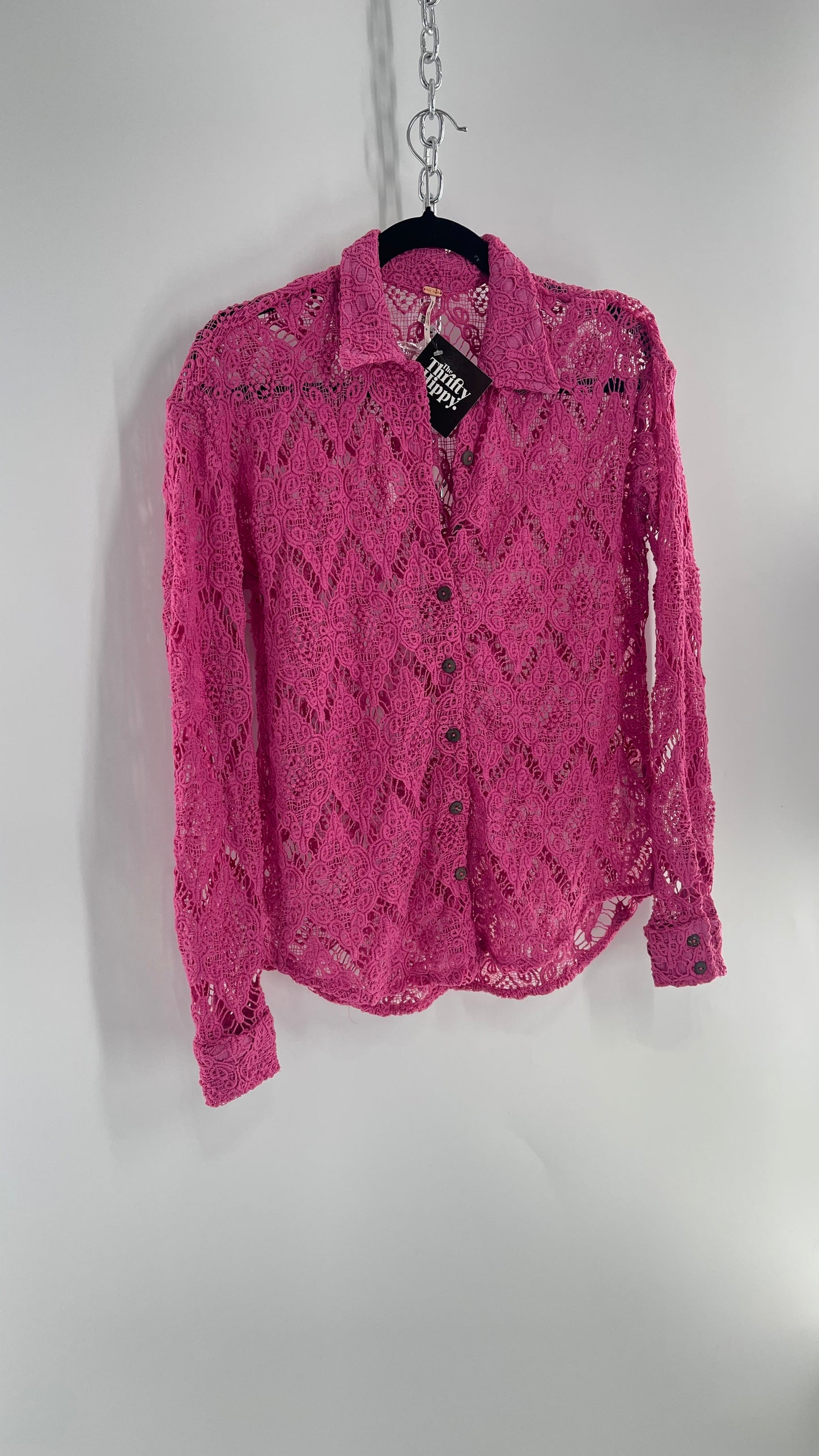 Free People Until Sunday Fuchsia Purple/ Pink Thick Lace Button Front Blouse with Coconut Buttons (XS)