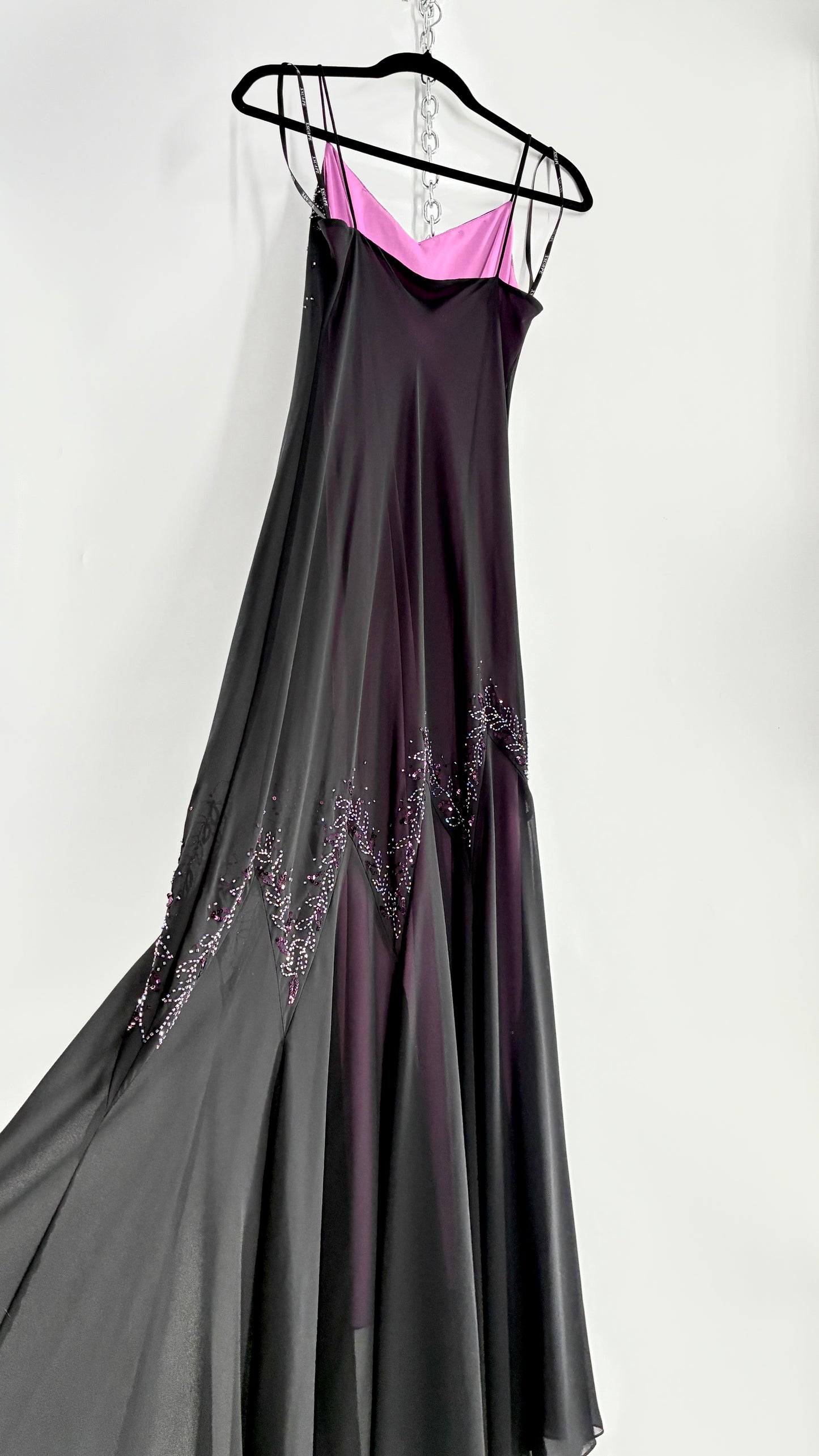 Vintage XSCAPE Full Length Black Beaded Gown with Purple Underlay (4)