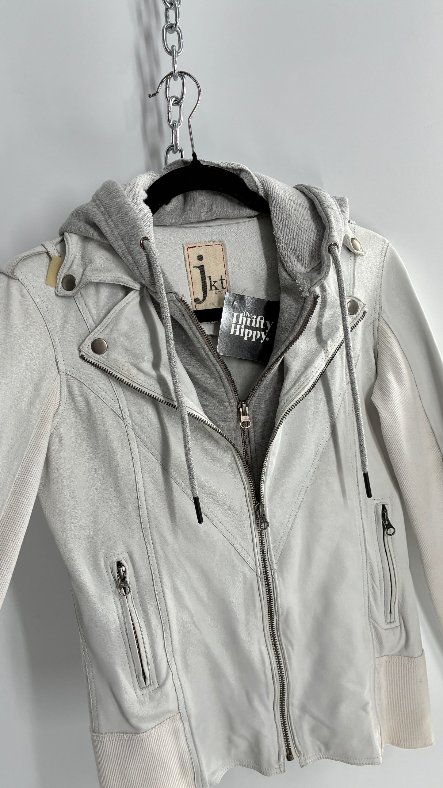 Jakett White Molly Burnished White Genuine Leather Double Layer Moto Jacket with Removable Grey Hoodie Insert (XS)