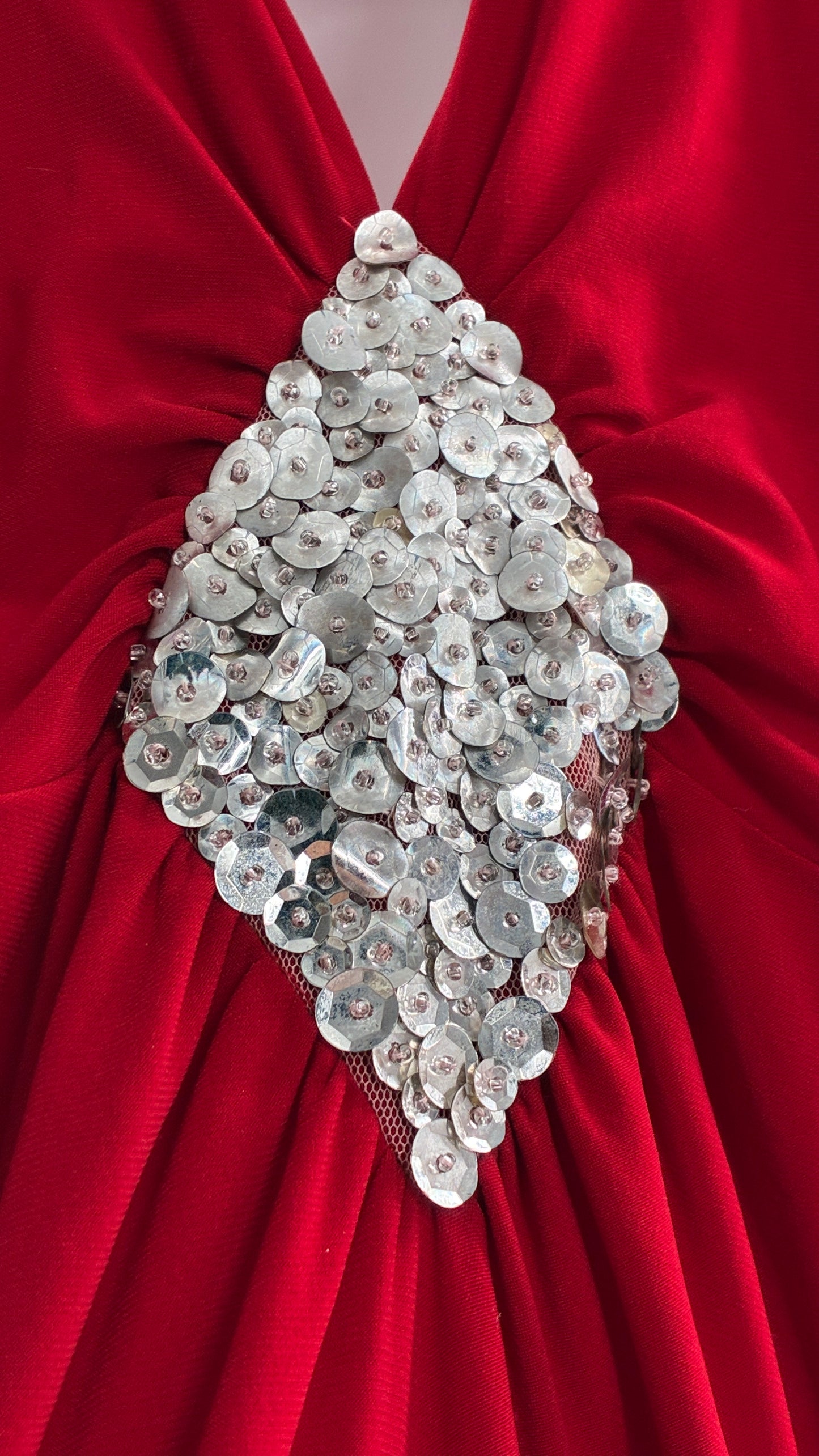 Vintage SYMPHONY Lycra Red Halter Full Length Dress with Sequin Bust Detail (Small)