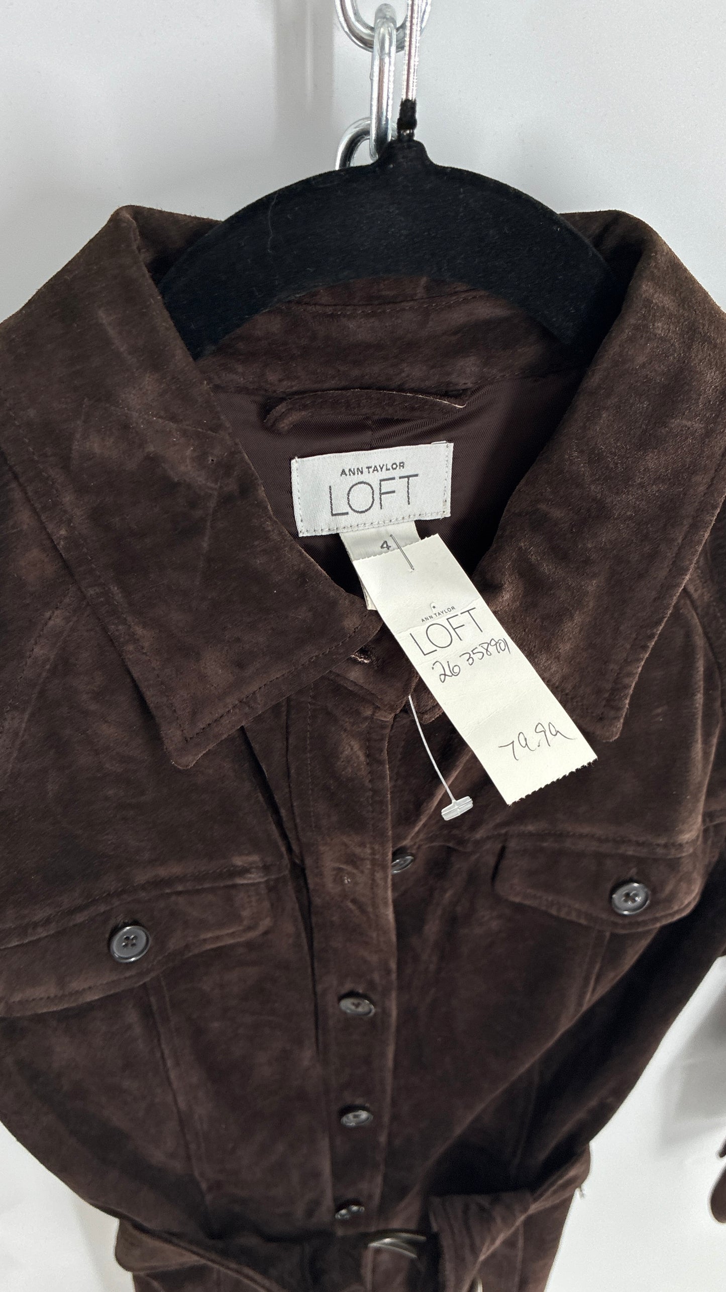 Vintage LOFT Brown Suede Leather Button Front, Belted Midi Dress with Tags Attached (4)