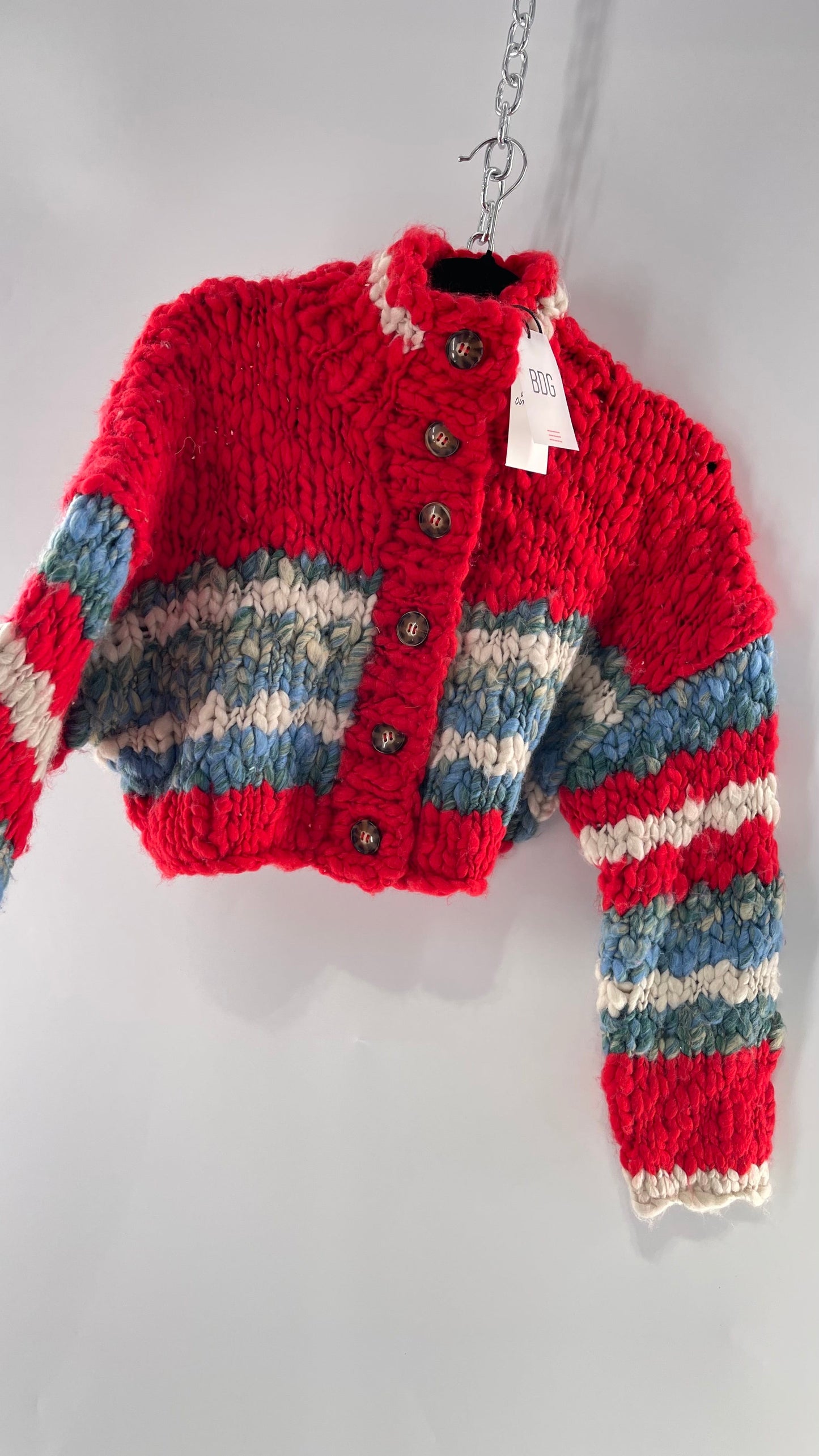 BDG Urban Outfitters Thick Knit Red White Blue Chunky Cropped Striped Cardigan (XS)