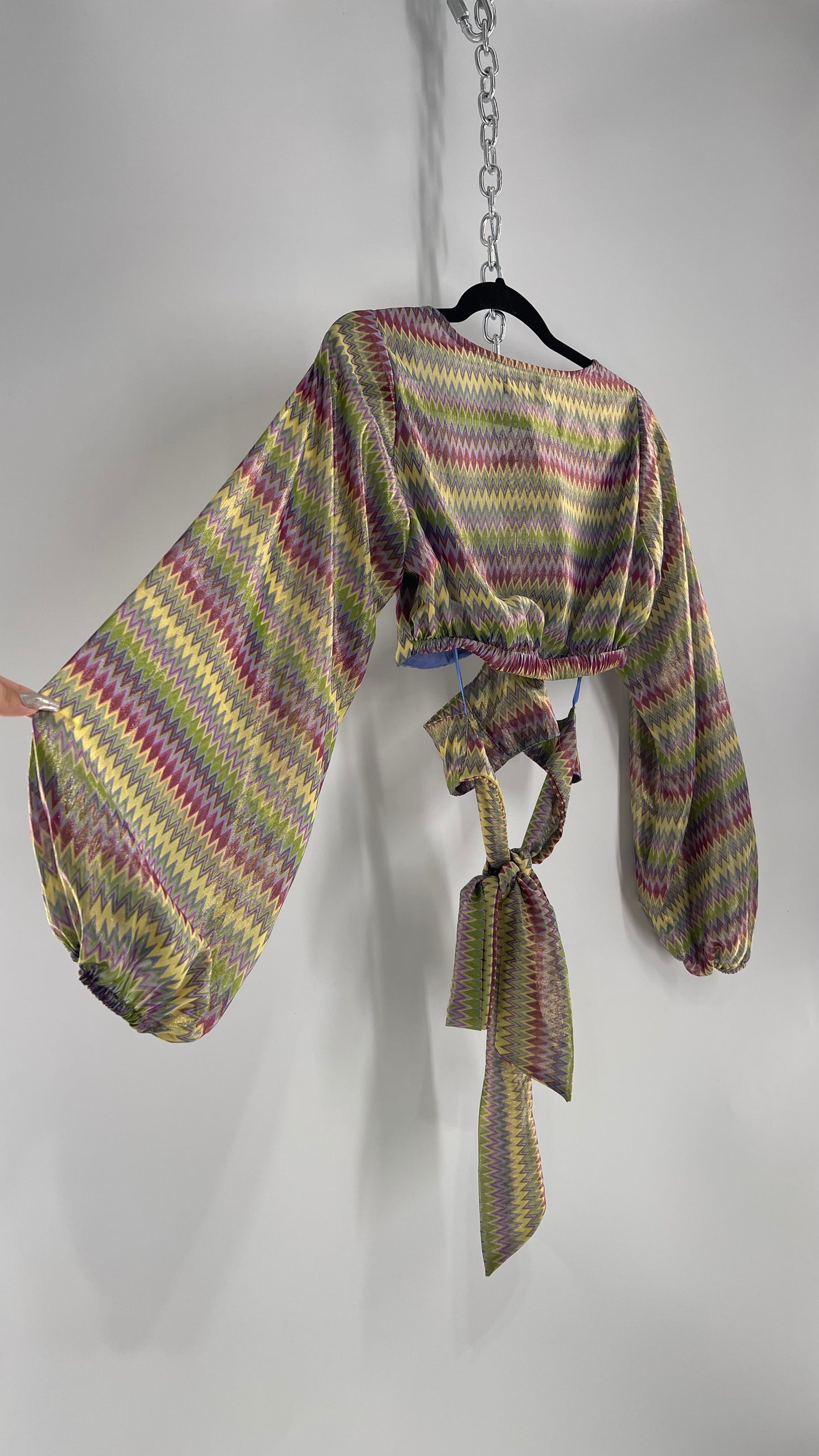 Urban Outfitters Shimmer Top Balloon Sleeve Green Purple Retro Print Cut Out Tie Around Blouse (XS)