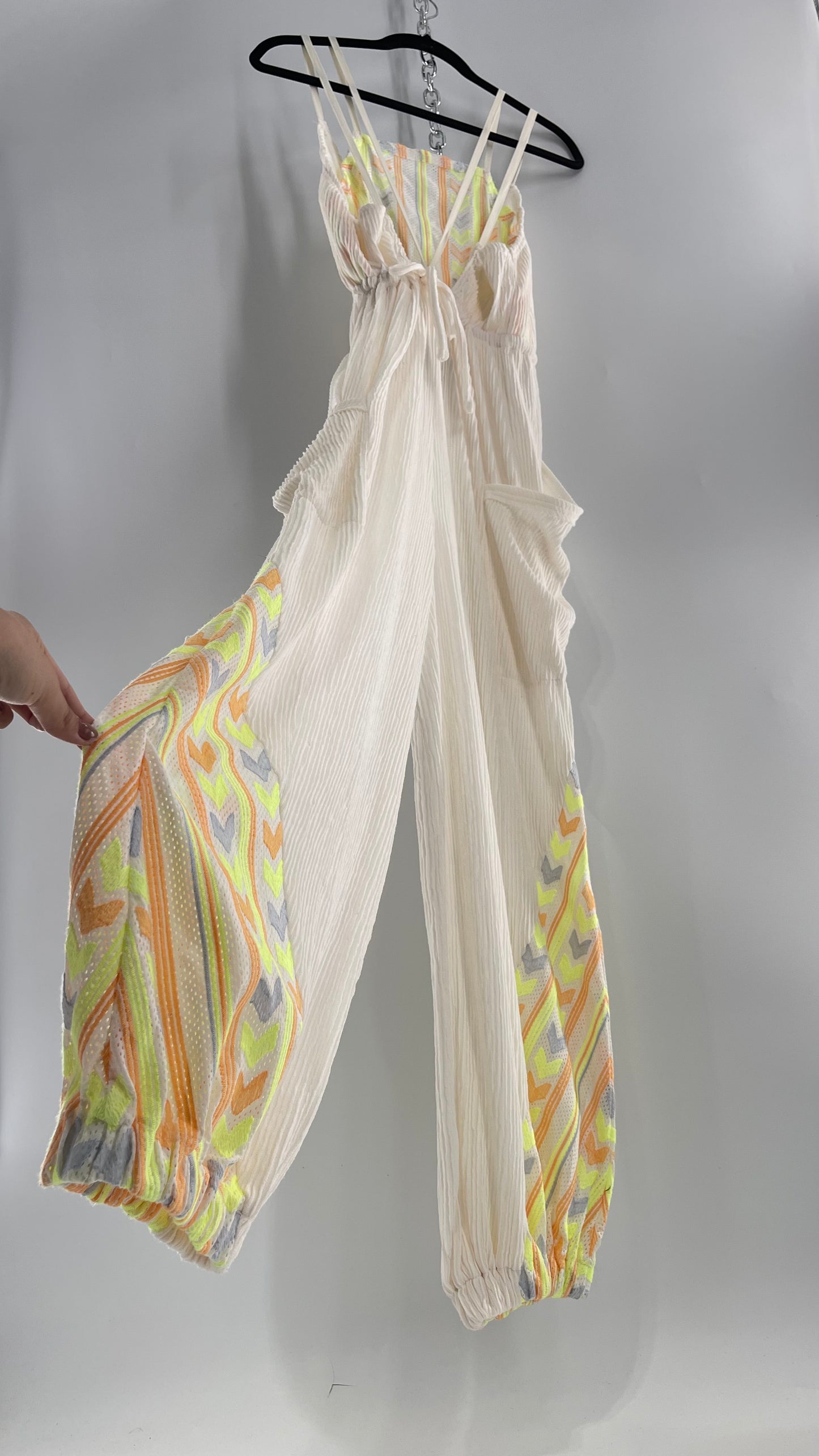 Free People Movement Cream Ribbed Jumpsuit with Yellow/Orange Embroidered Details and Waist Cinching Drawstring (Small)