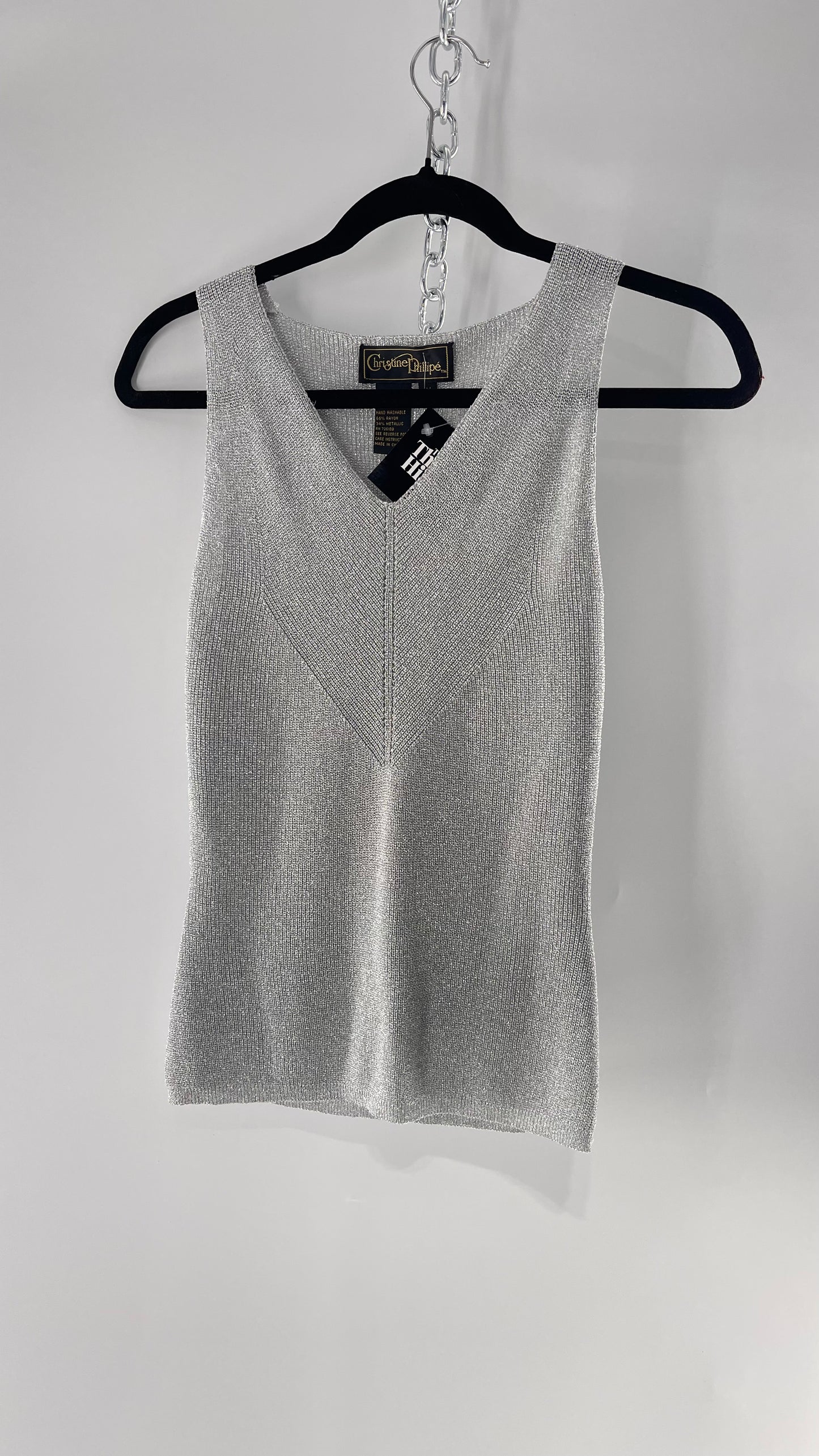 Vintage Christine Phillipe Vintage Metallic Silver Tinsel Knit Tank (Medium)
