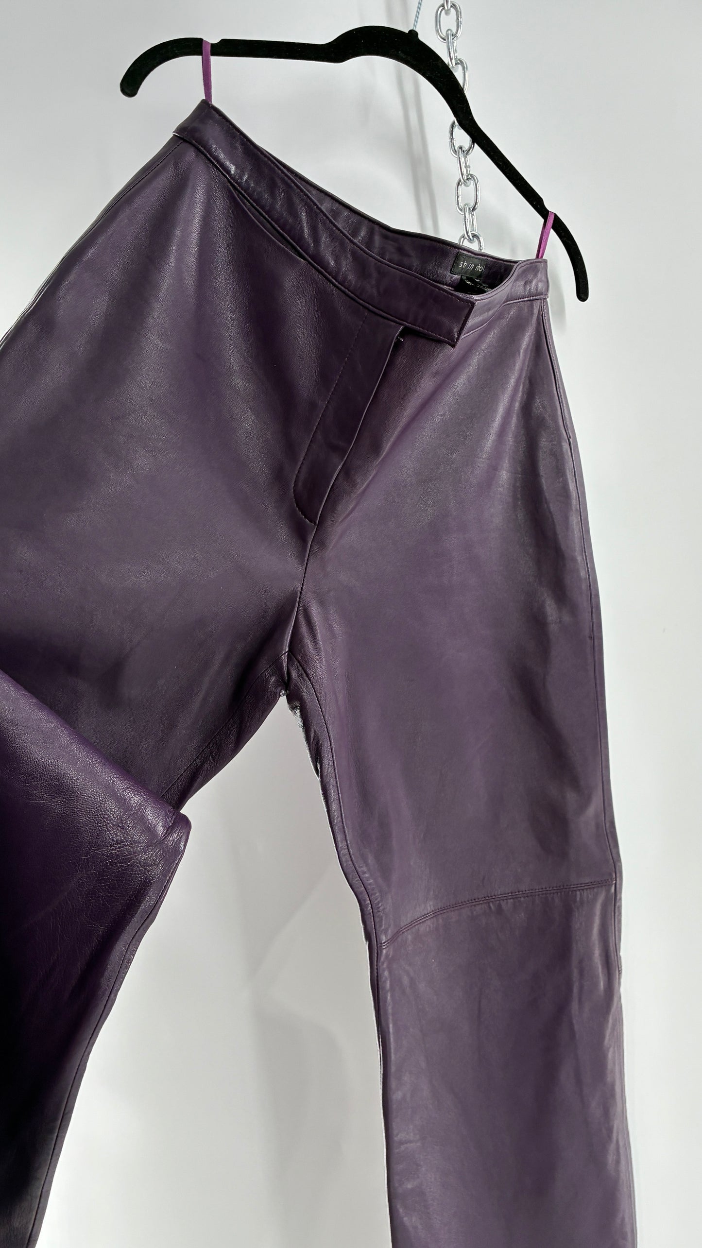 Vintage SHIN CHOI Genuine Italian Leather Purple Side Closure Low Rise Pants (12)