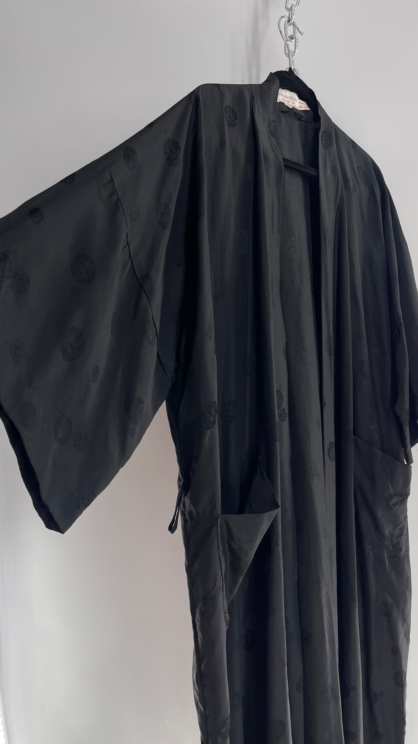 Vintage TREESHA 100% Pure Silk Black Long Embossed Robe (Large)