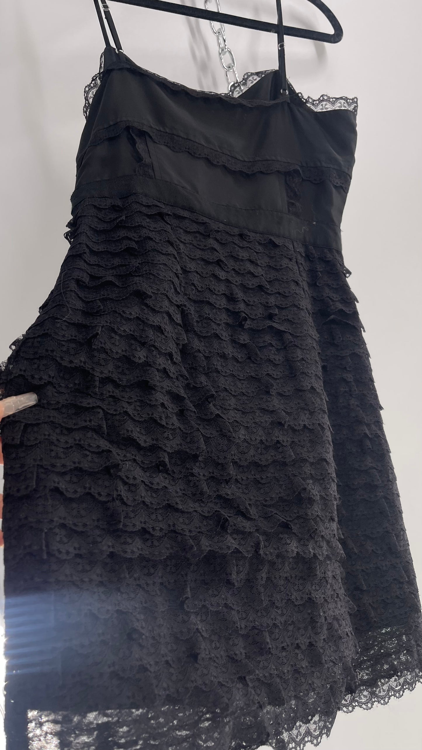 RED VALENTINO Black Corseted Style Ruffle Lace Hem Skirt Mini Dress