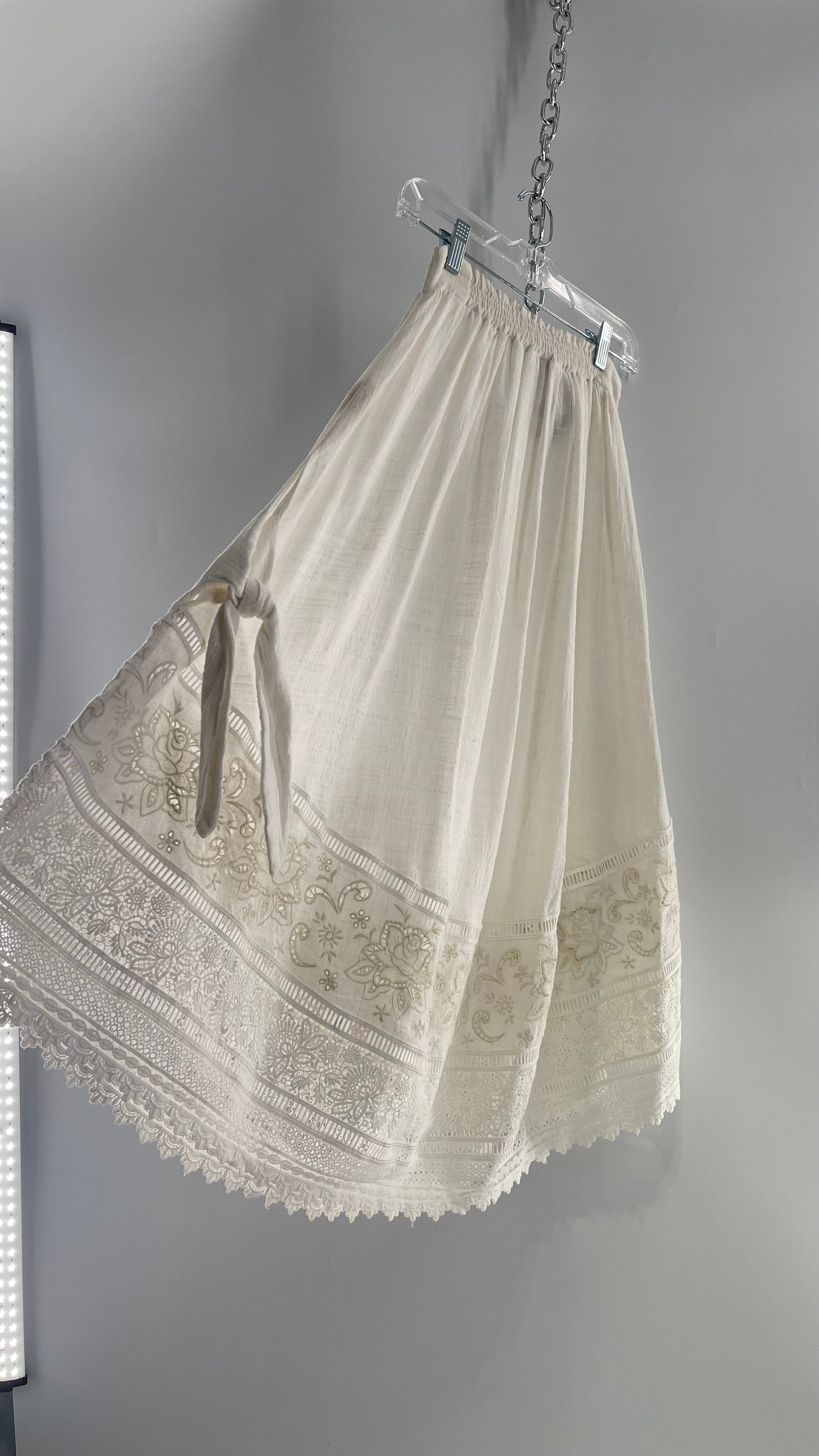 Spell & the Gypsy Full Length Cotton Gauze White Skirt with Tie Sides and Heavily Embroidered Hem (XS)
