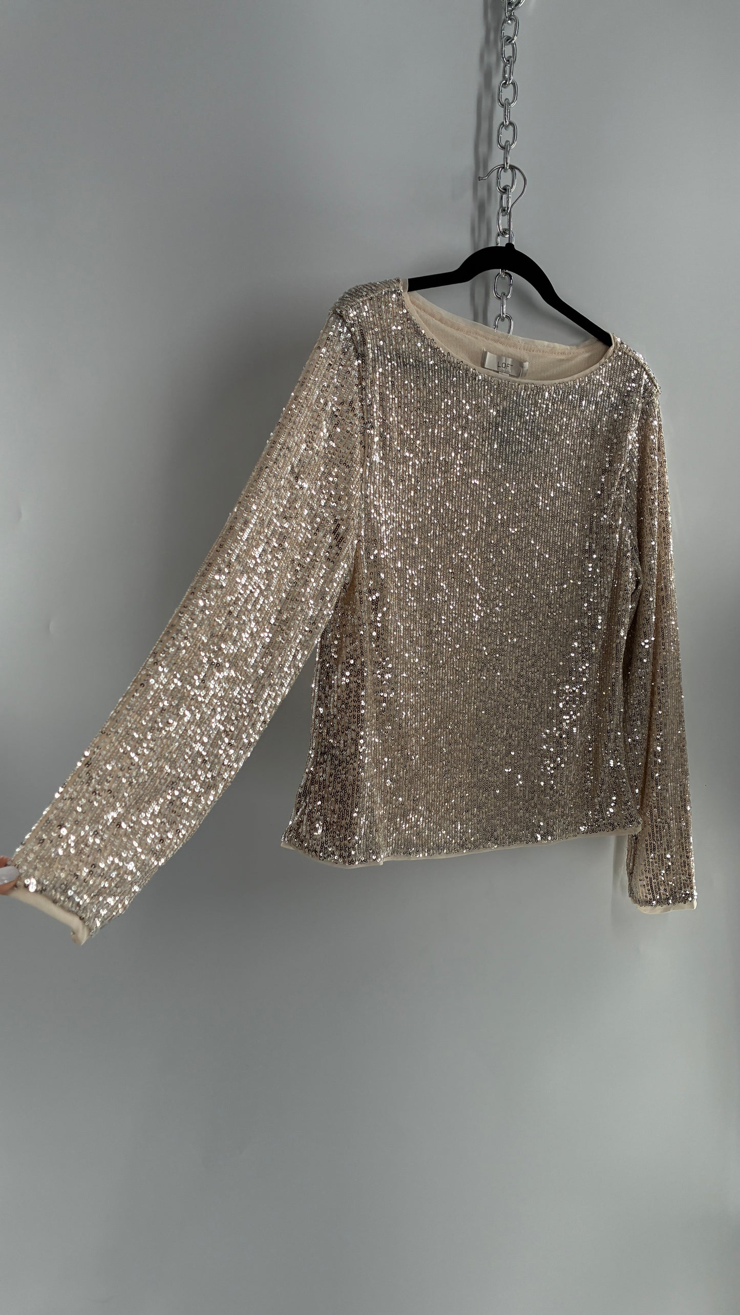 LOFT LOFT Champagne Sequin Long Sleeve Blouse with Tags Attached (XL)