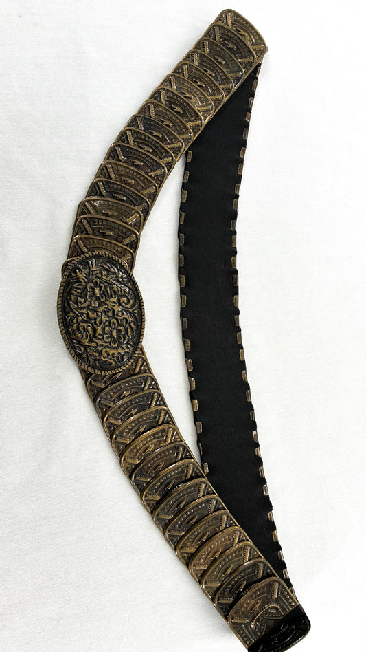 Vintage Antique Gold-Tone Scale Belt With Ornate Oval Buckle (L/XL)