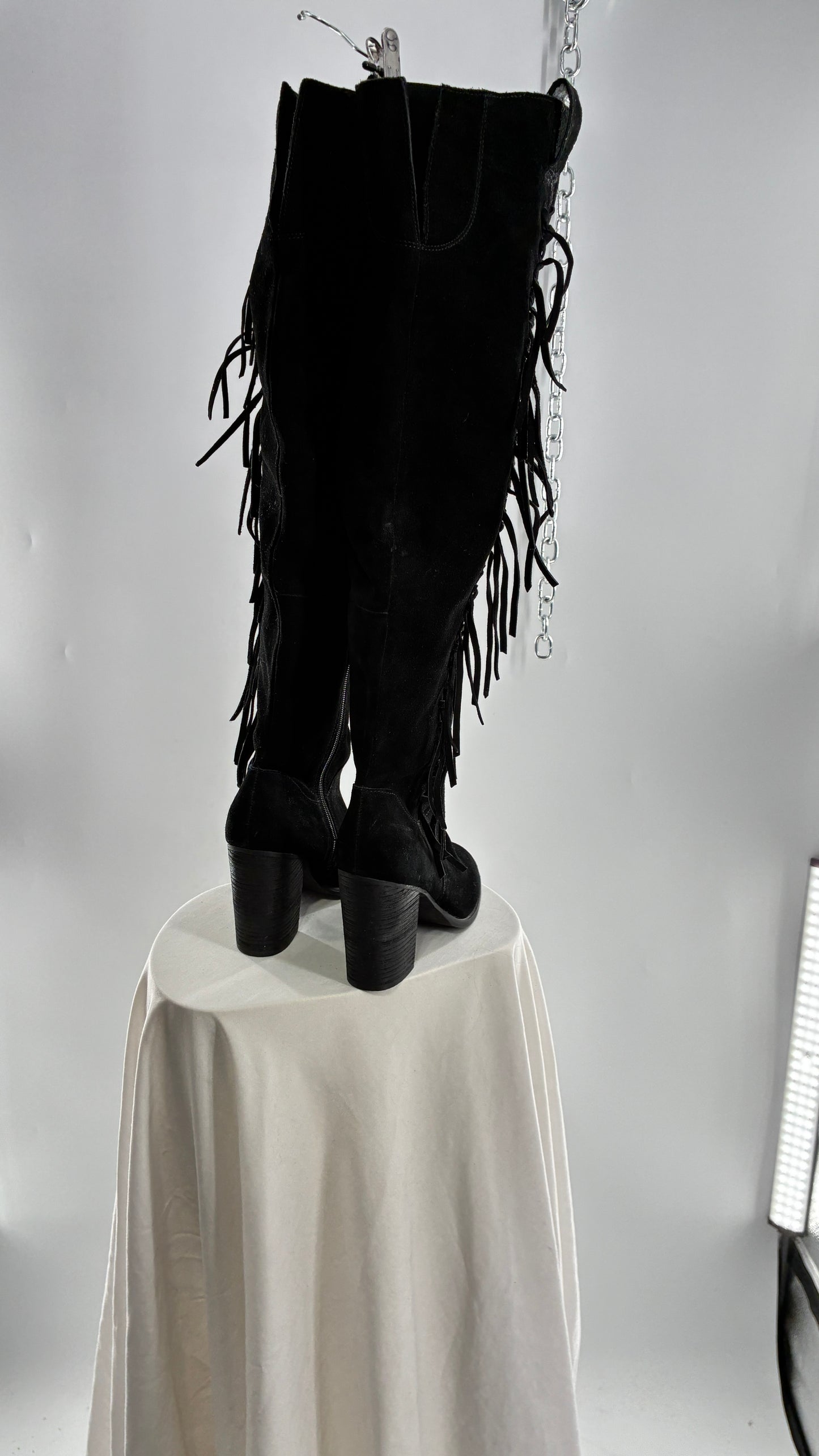 Vintage CARLOS SANTANA Genuine Suede Leather Thigh High Tassel, Fringe Side Boots (7.5)