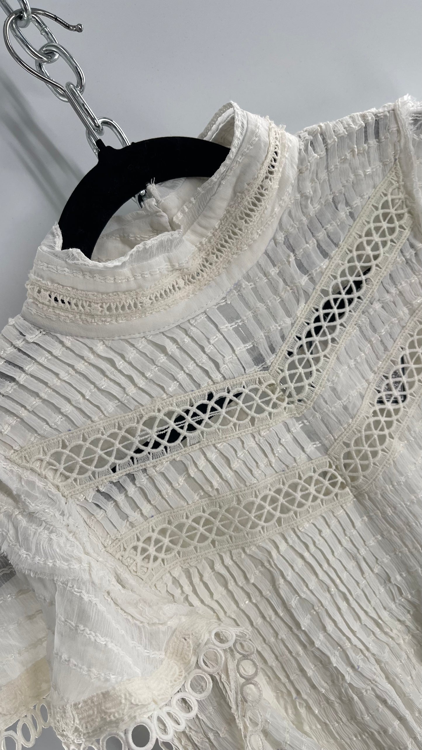 Kimchi Blue White 68% Viscose 32% Cotton Romantic Blouse with High Neck, Textured Body, and Scalloped Lace Hem and Sleeves (Small)