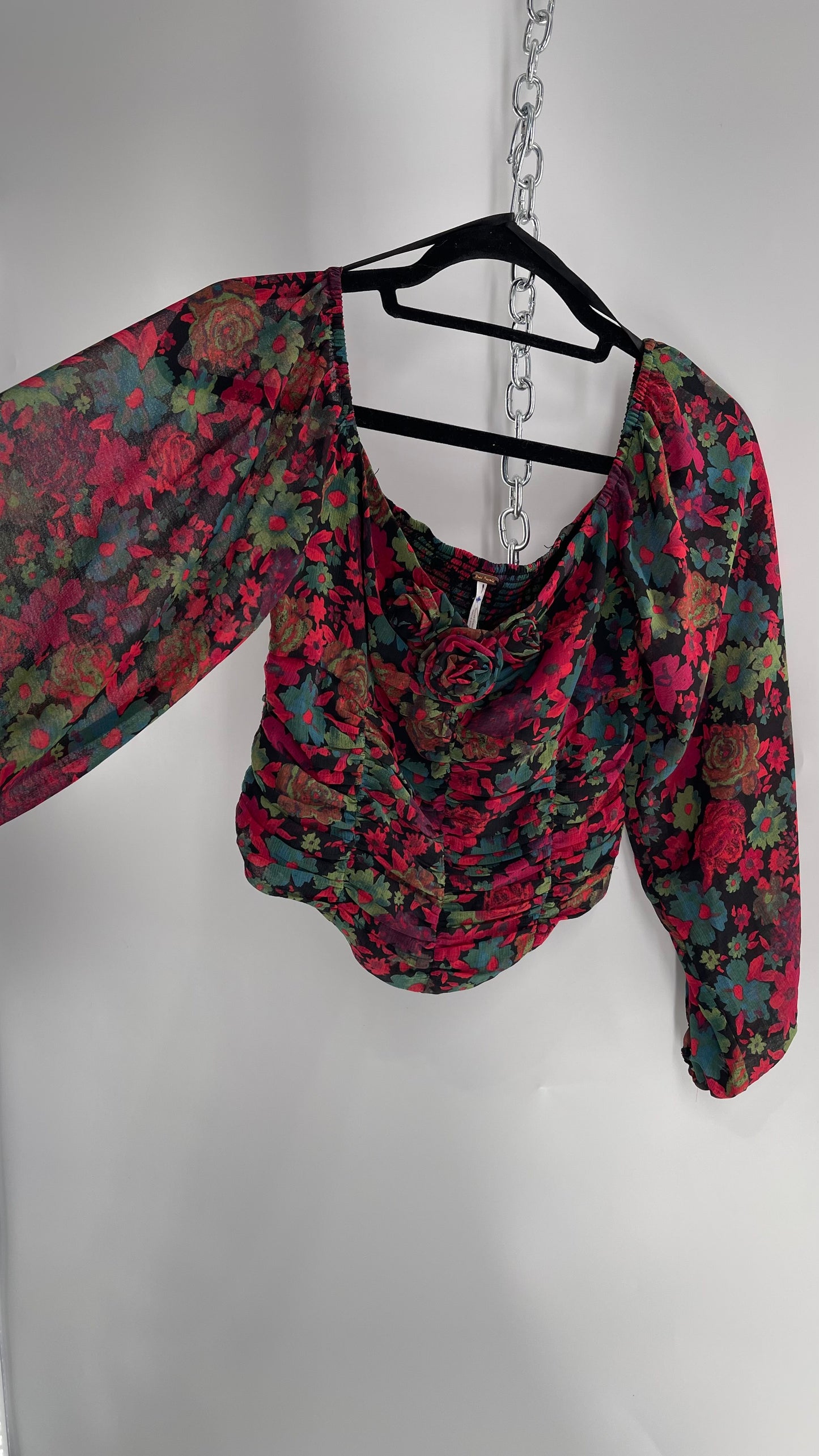 Free People Cropped Floral Blouse with Ruched Body, Balloon Sleeves and Appliqué Rosette Bustline with Tags Attached (Small)