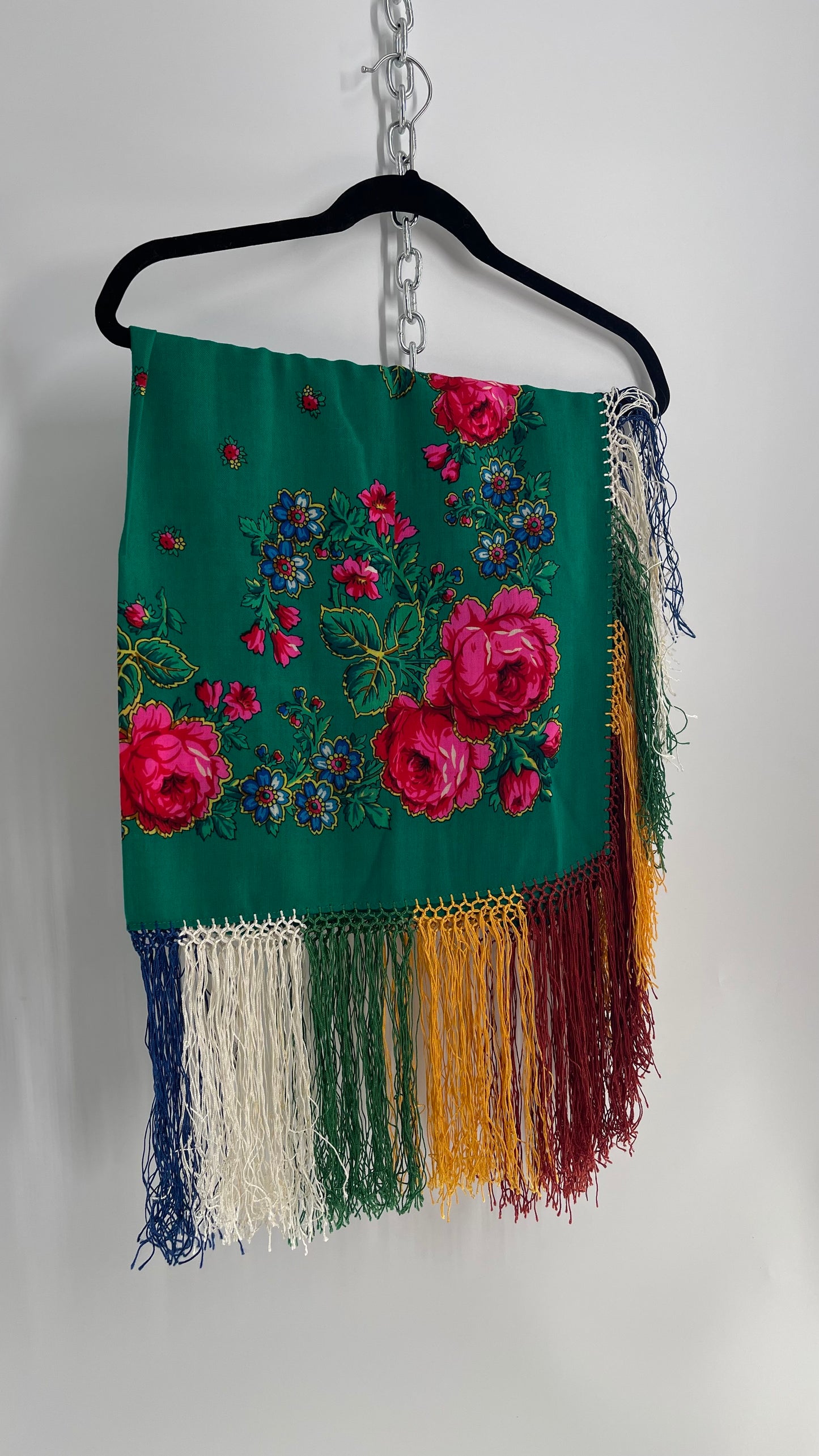 Vintage Shawl with Roses and Tassel Fringe