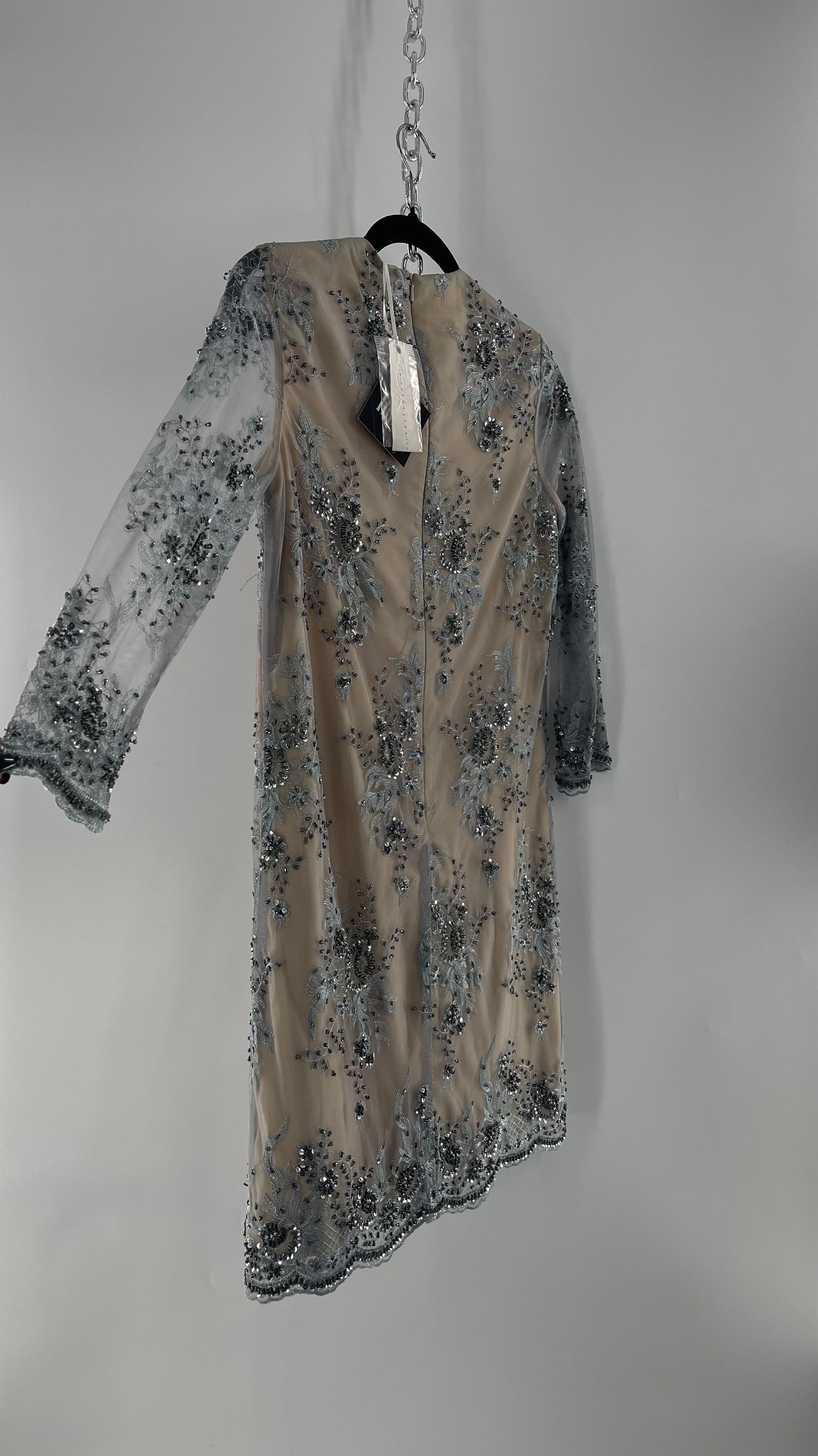 Koravilas Anthropologie Grey Mesh Embroidered Lace Long Sleeve Beaded Dress (4)