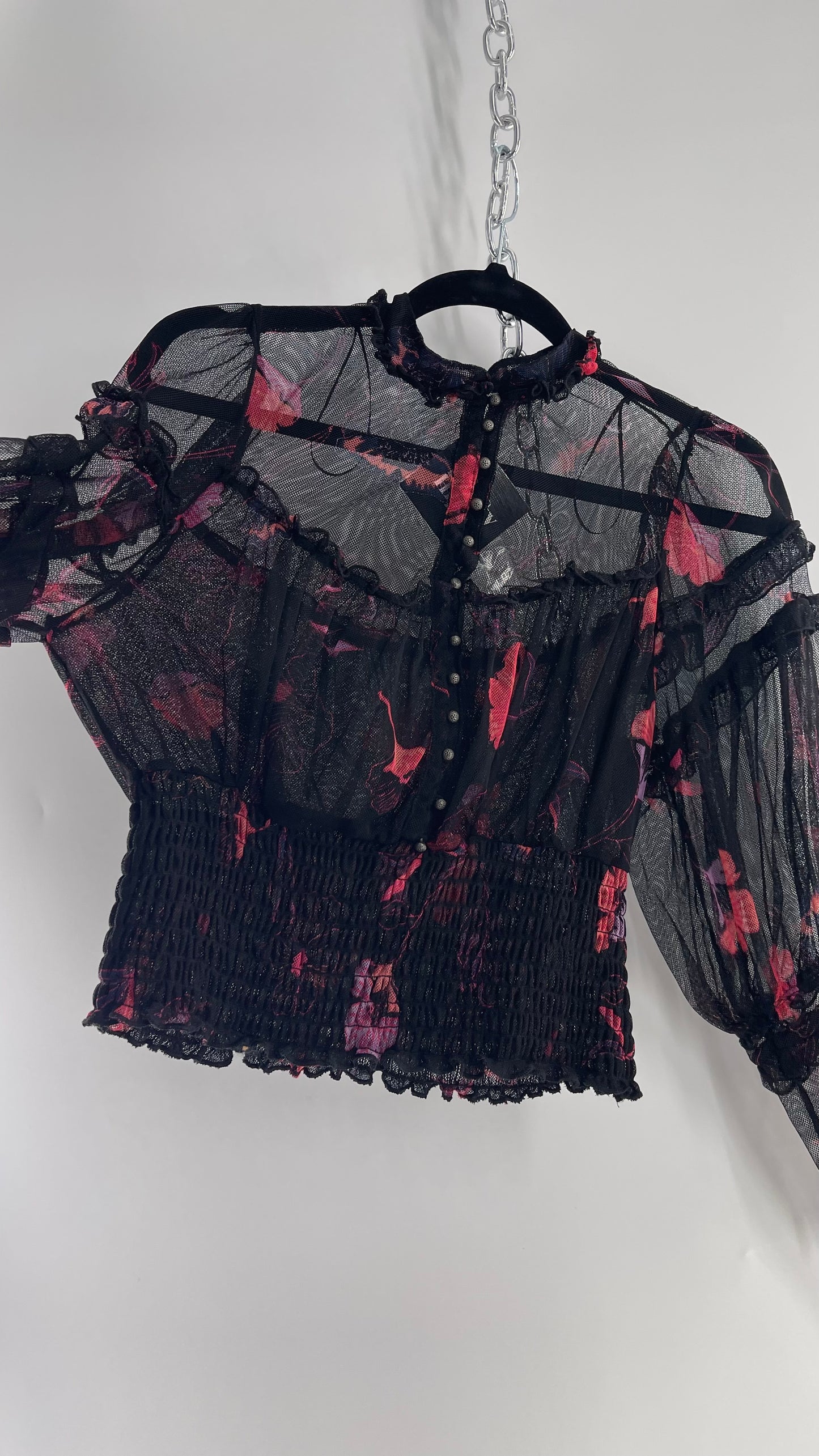 Free People Black Mesh Top with Smocked Waist, Buttoning and Contrasting Florals (Medium)