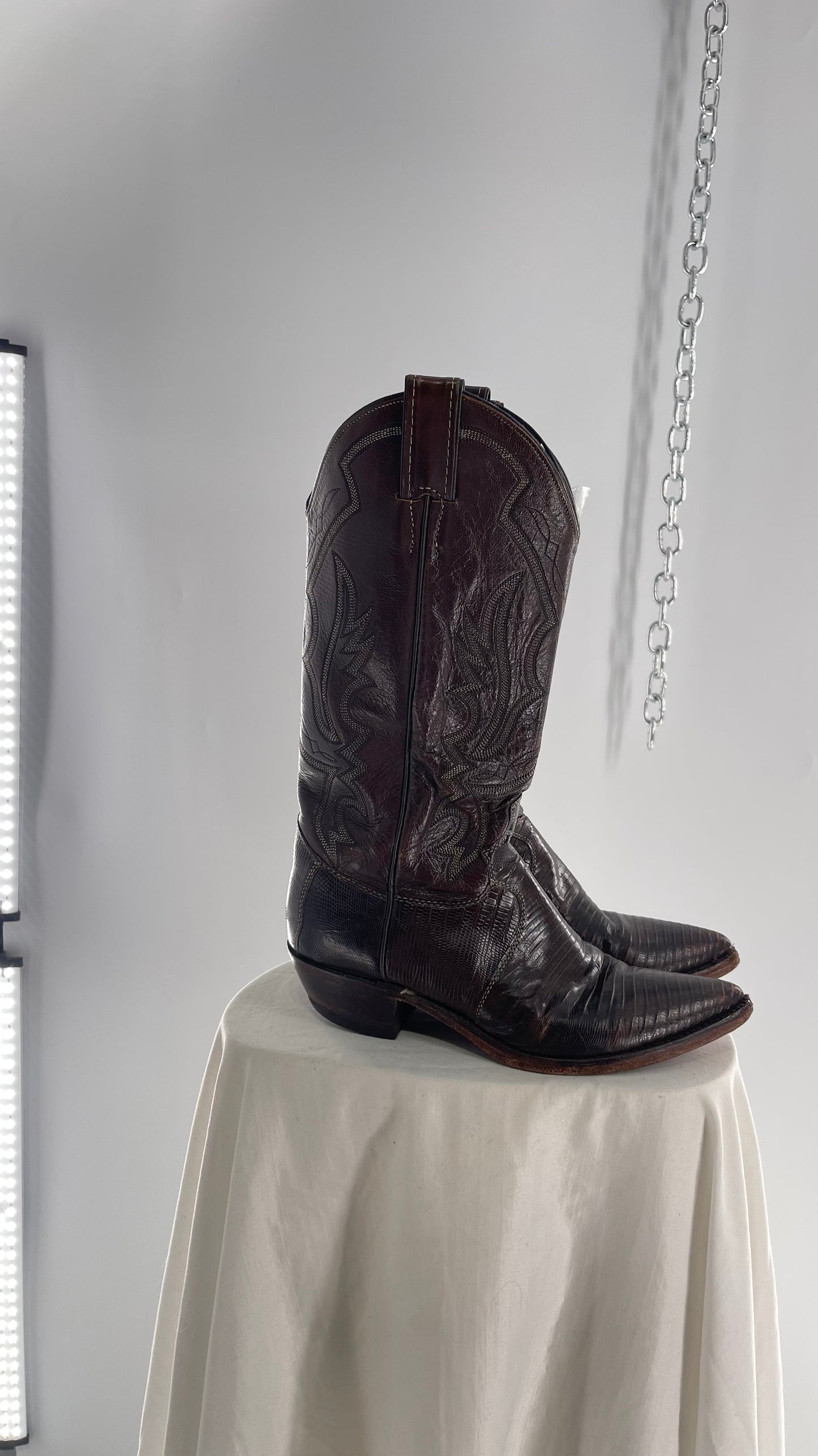 Vintage JUSTIN Dark Brown Leather/Lizard Pointed Toe Cowboy Boots Worn In (7.5)